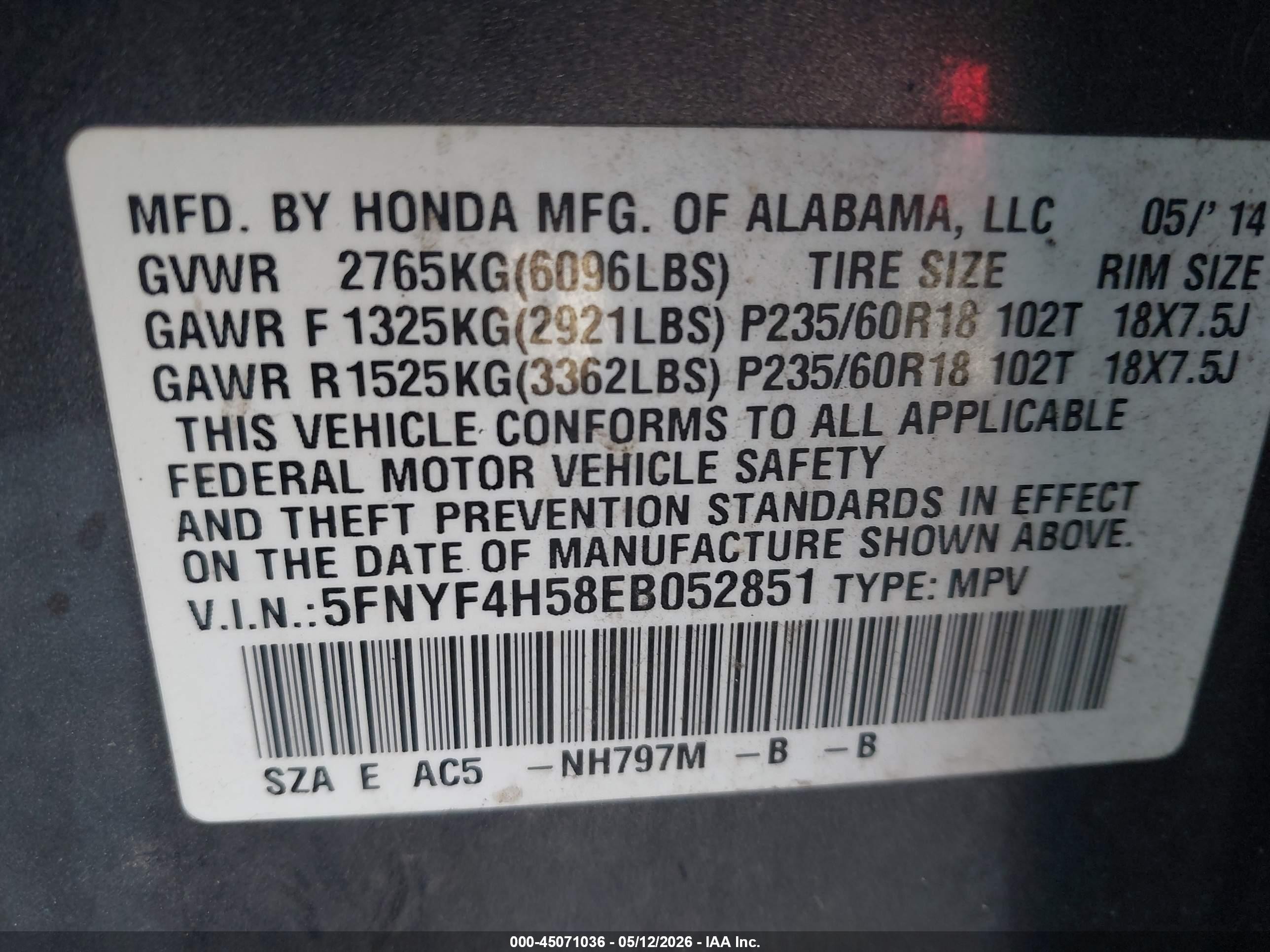 2014 Honda Pilot Ex-l Серый vin: 5FNYF4H58EB052851