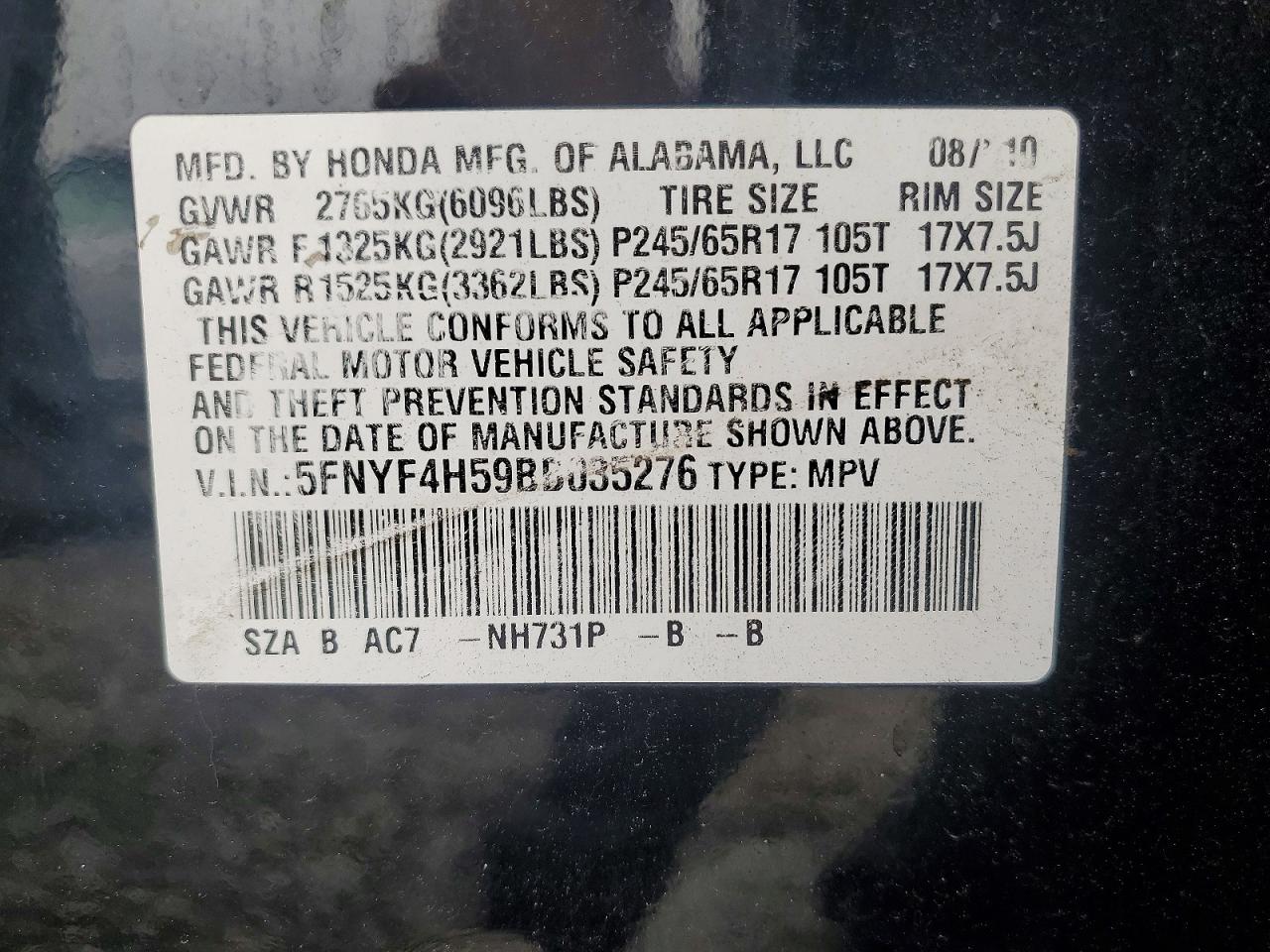 2011 Honda Pilot Exl Black vin: 5FNYF4H59BB035276