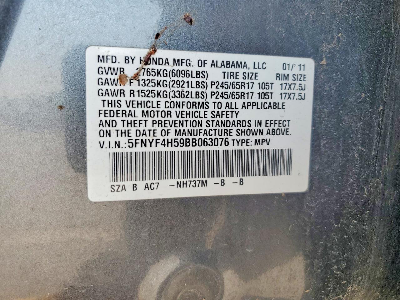 2011 Honda Pilot Exl Gray vin: 5FNYF4H59BB063076