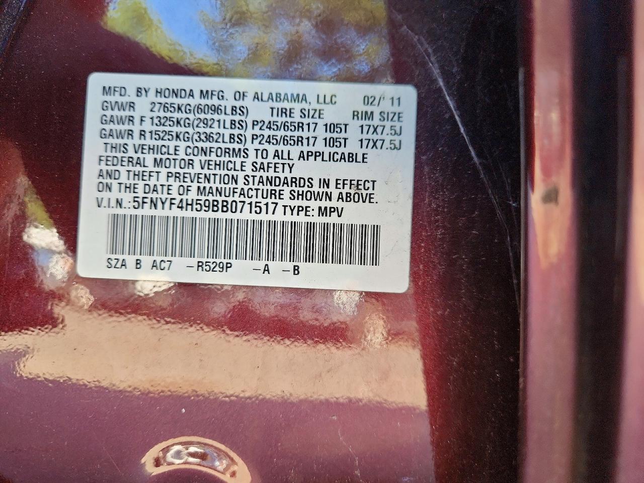 2011 Honda Pilot Exl Maroon vin: 5FNYF4H59BB071517