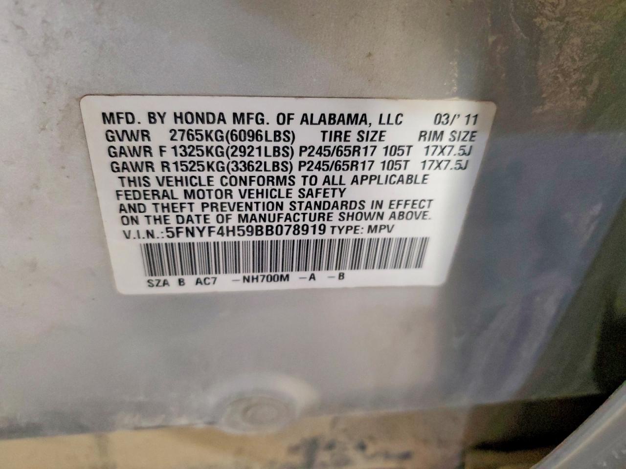 2011 Honda Pilot Exl Silver vin: 5FNYF4H59BB078919