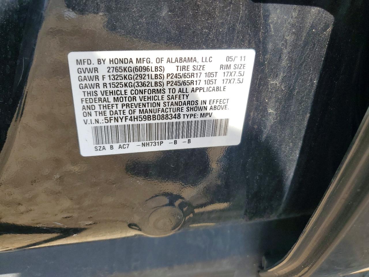 2011 Honda Pilot Exl Черный vin: 5FNYF4H59BB088348