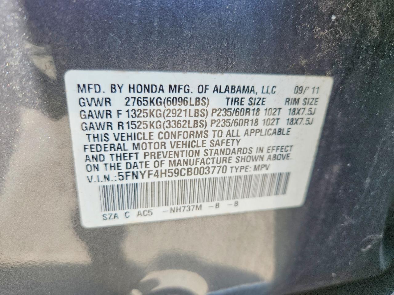 2012 Honda Pilot Exl Gray vin: 5FNYF4H59CB003770