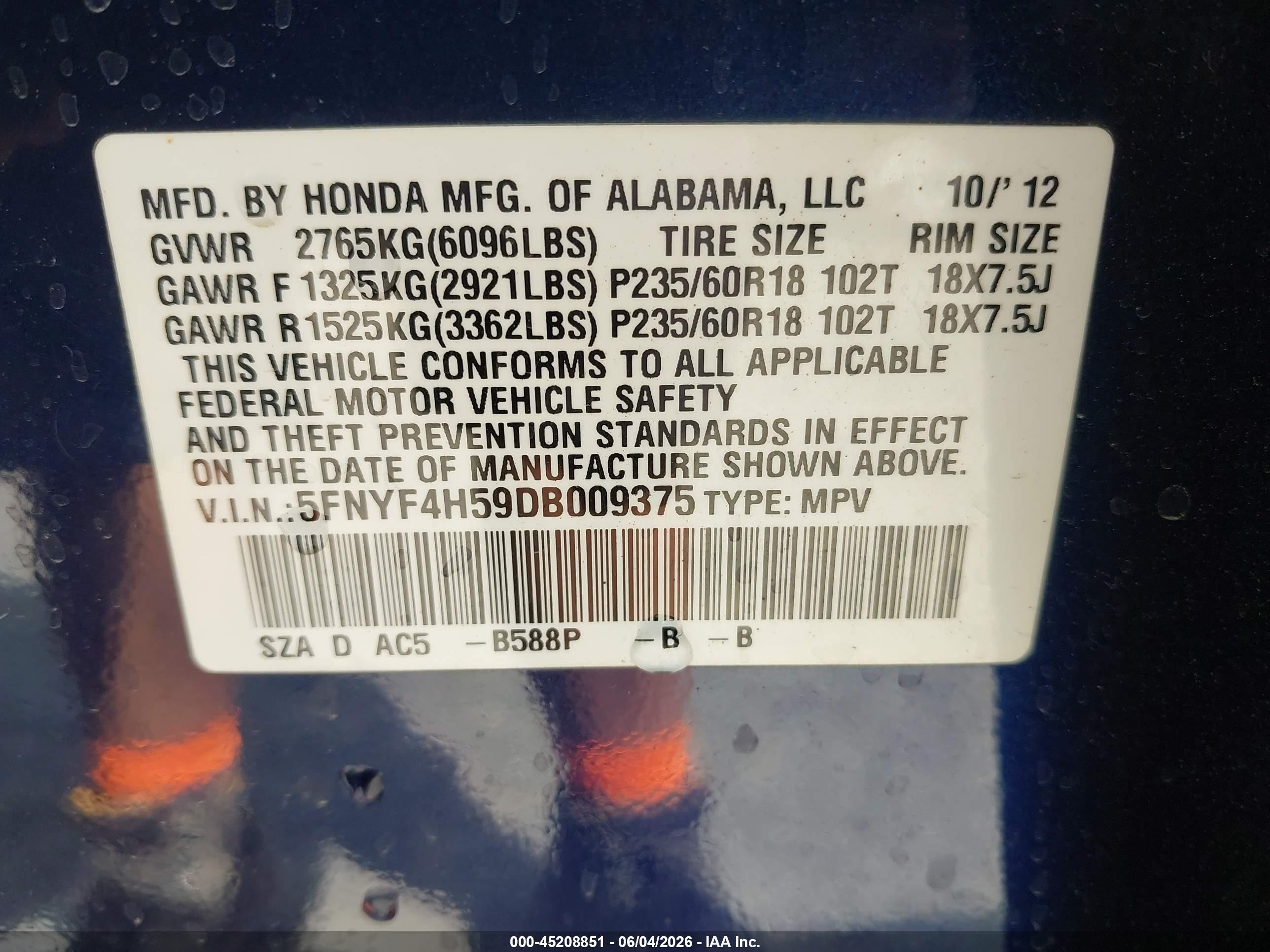 2013 Honda Pilot Ex-l Blue vin: 5FNYF4H59DB009375