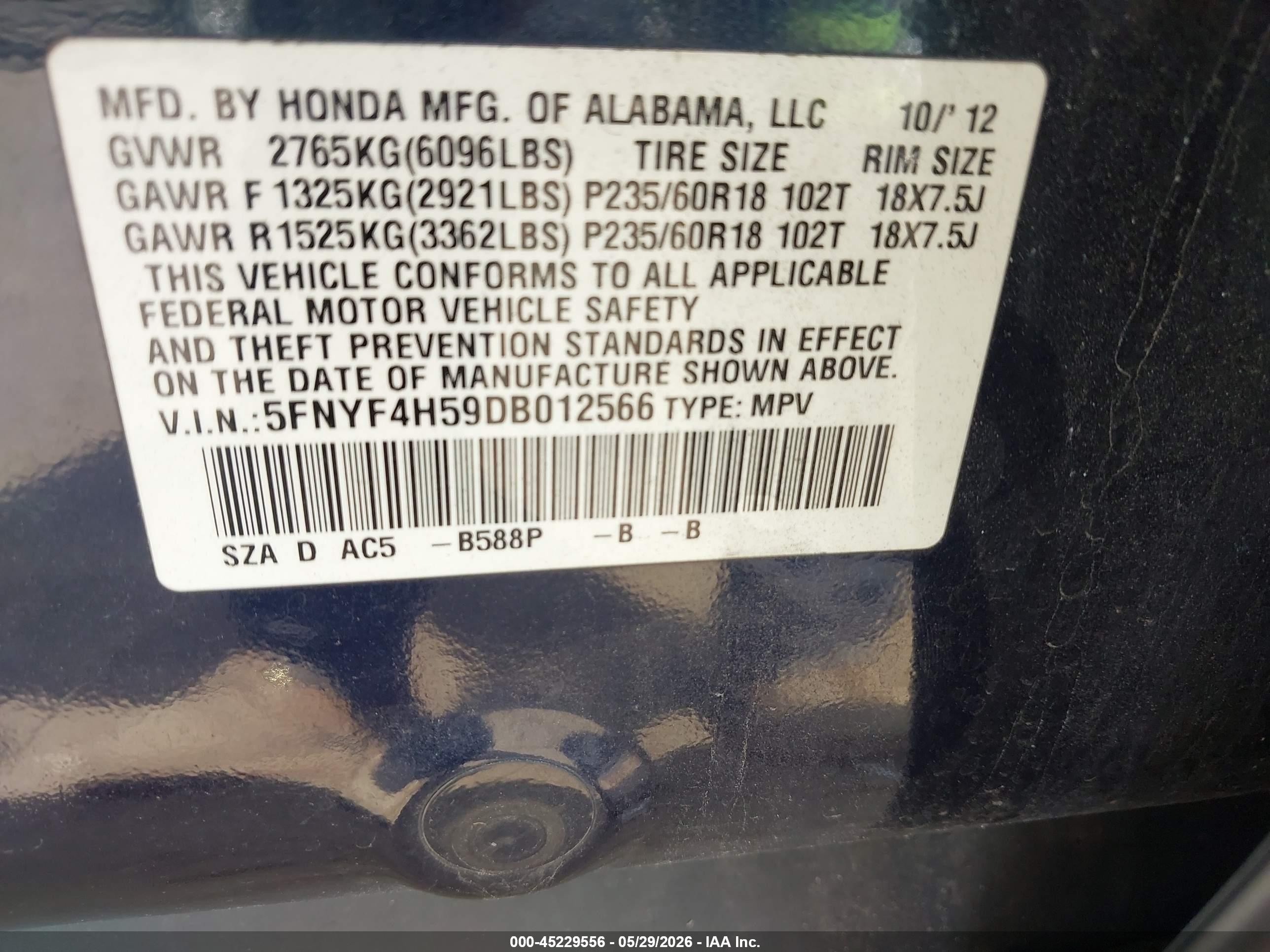 2013 Honda Pilot Ex-l Blue vin: 5FNYF4H59DB012566