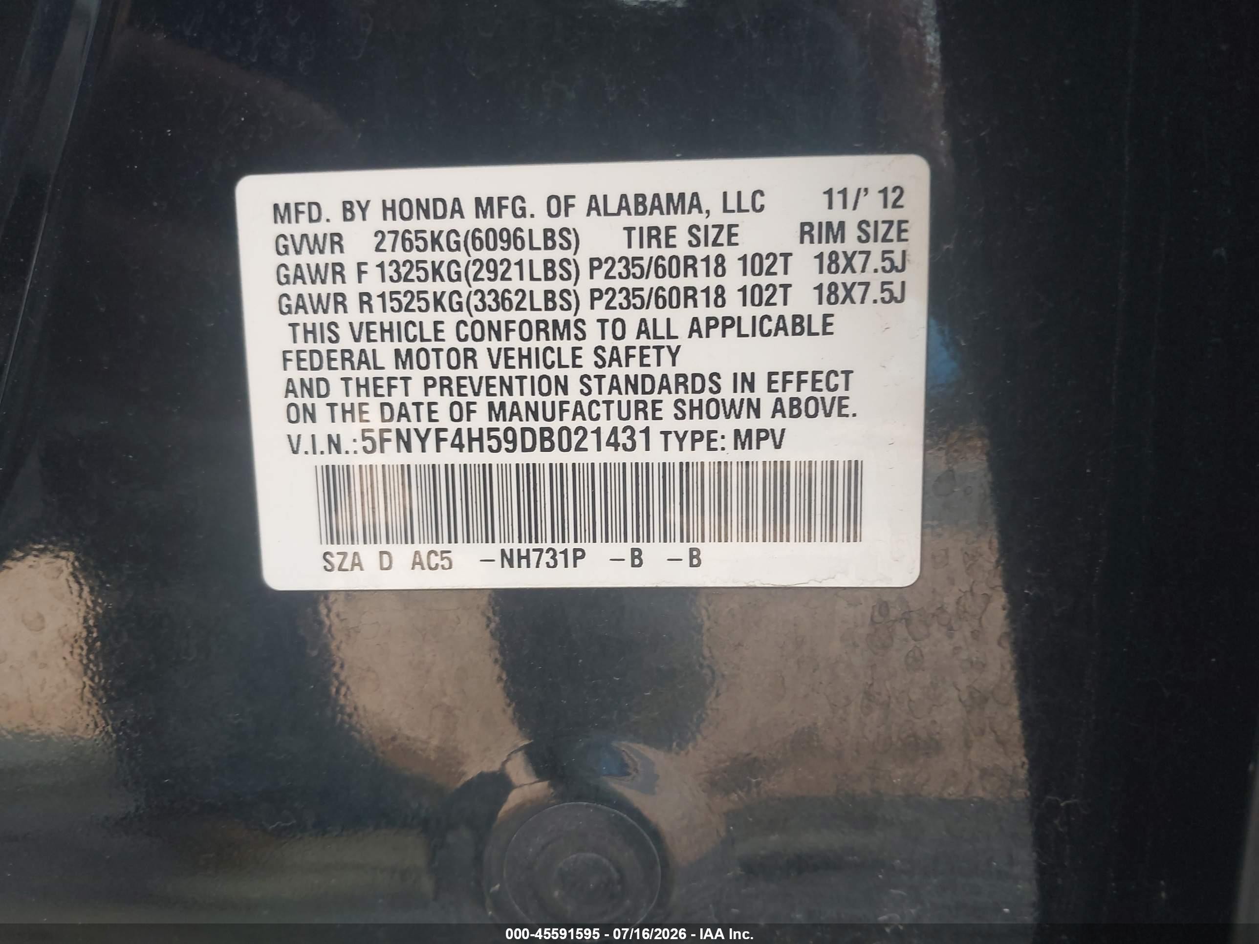 2013 Honda Pilot Ex-l Black vin: 5FNYF4H59DB021431