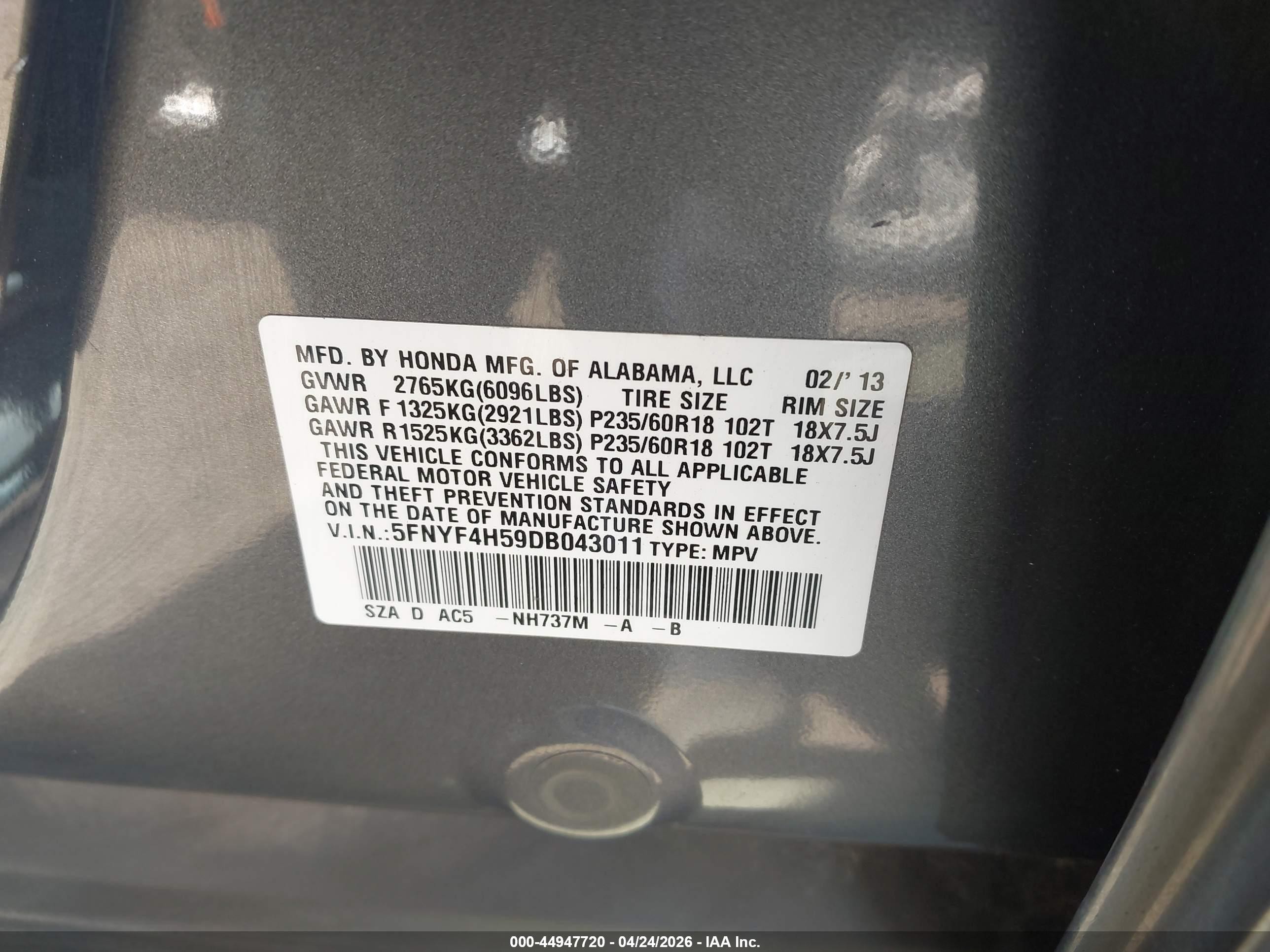 2013 Honda Pilot Ex-l Gray vin: 5FNYF4H59DB043011
