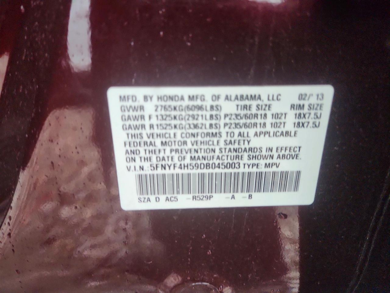 2013 Honda Pilot Exl Burgundy vin: 5FNYF4H59DB045003