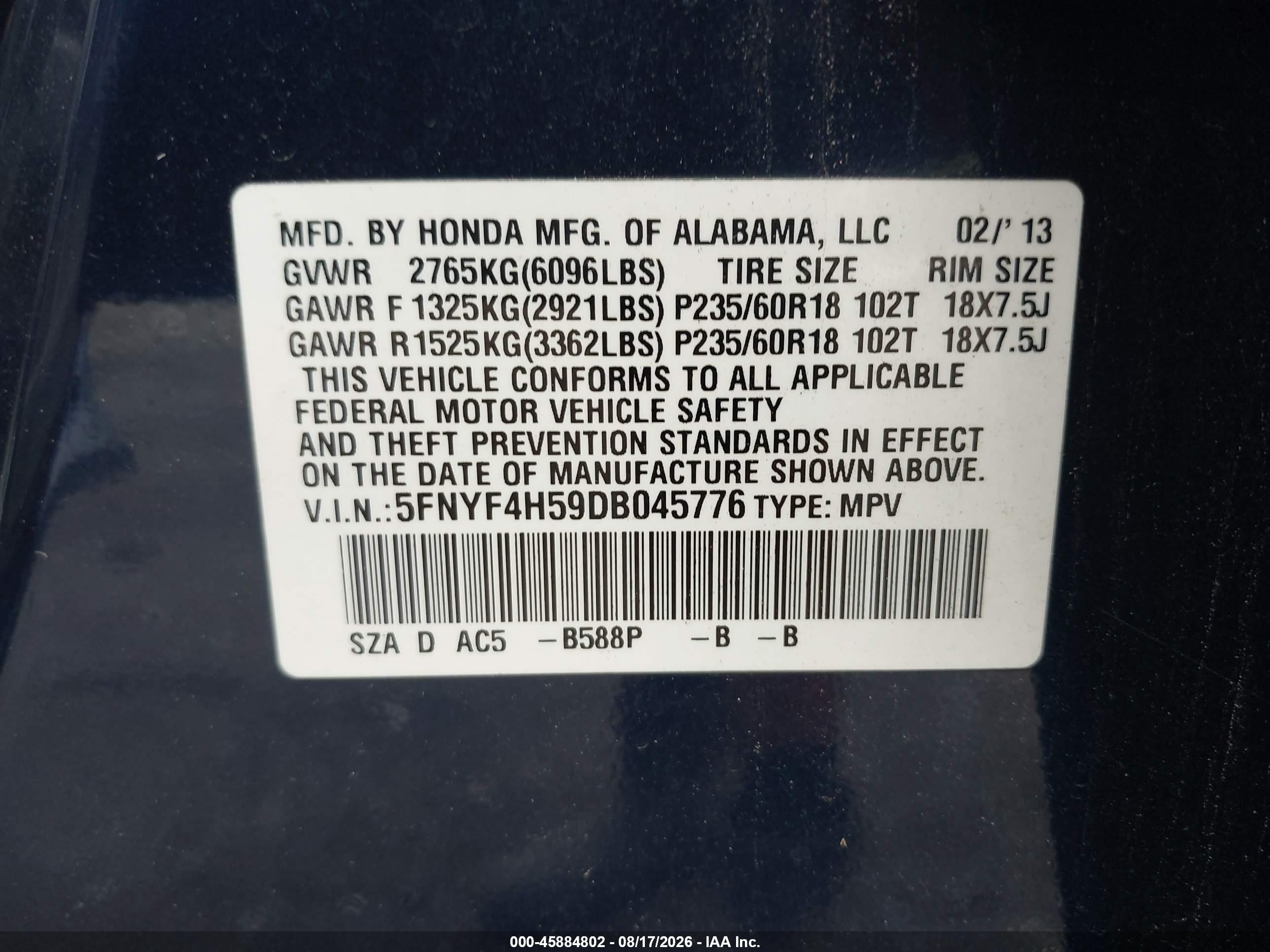 2013 Honda Pilot Ex-l Blue vin: 5FNYF4H59DB045776