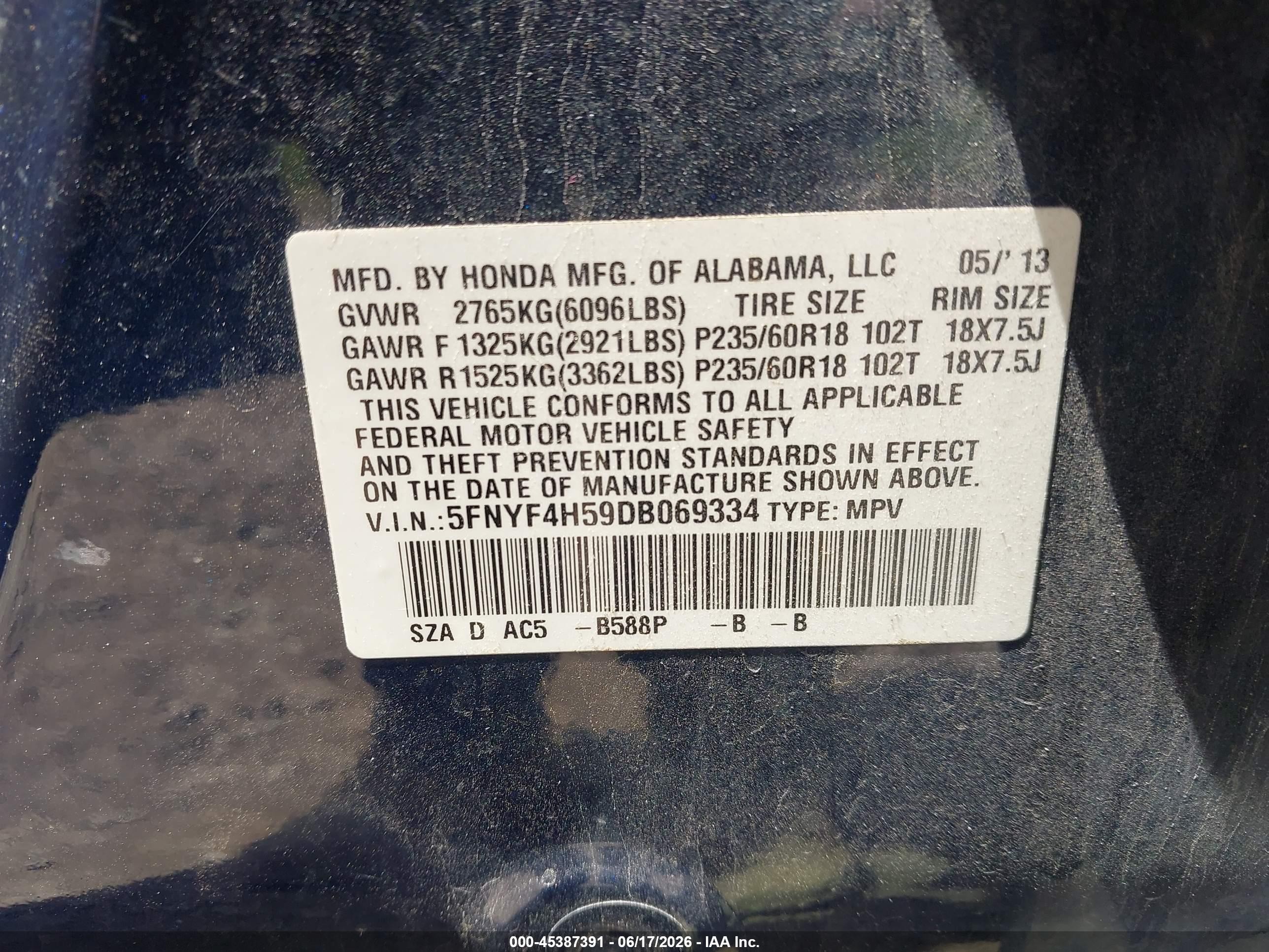 2013 Honda Pilot Ex-l Blue vin: 5FNYF4H59DB069334