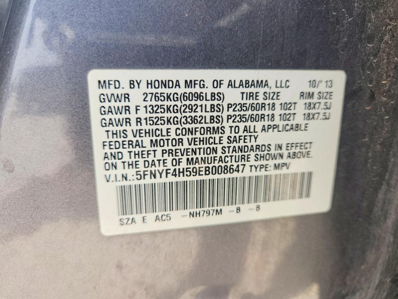 2014 Honda Pilot Exl Gray vin: 5FNYF4H59EB008647