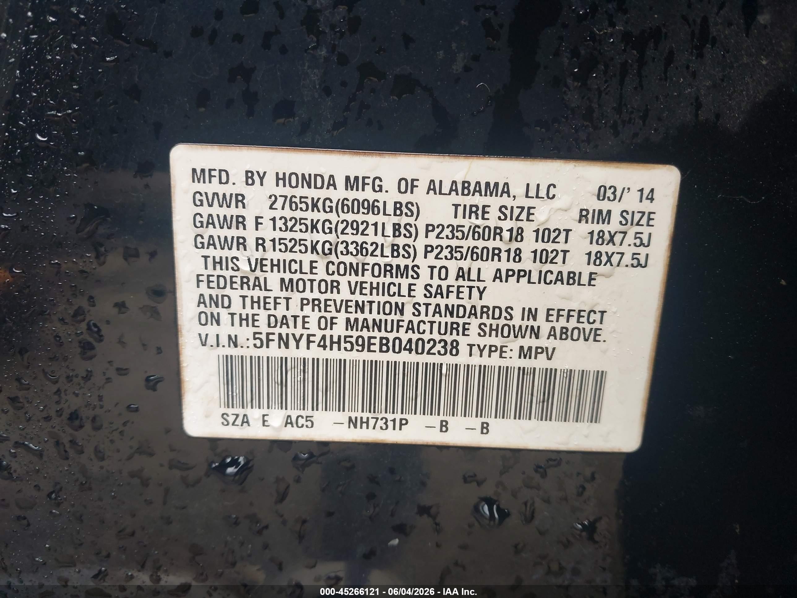 2014 Honda Pilot Ex-l Black vin: 5FNYF4H59EB040238