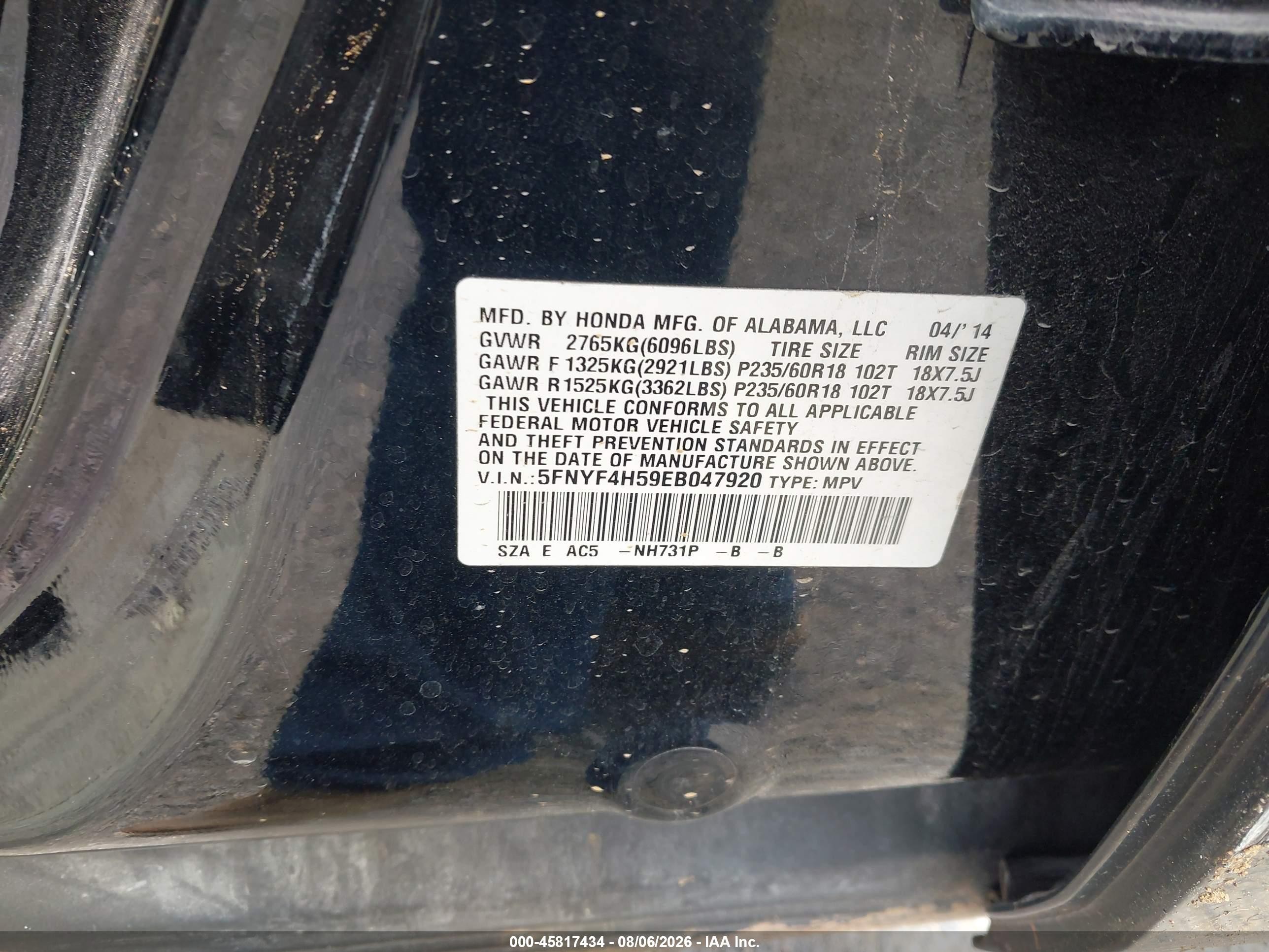 2014 Honda Pilot Ex-l Black vin: 5FNYF4H59EB047920