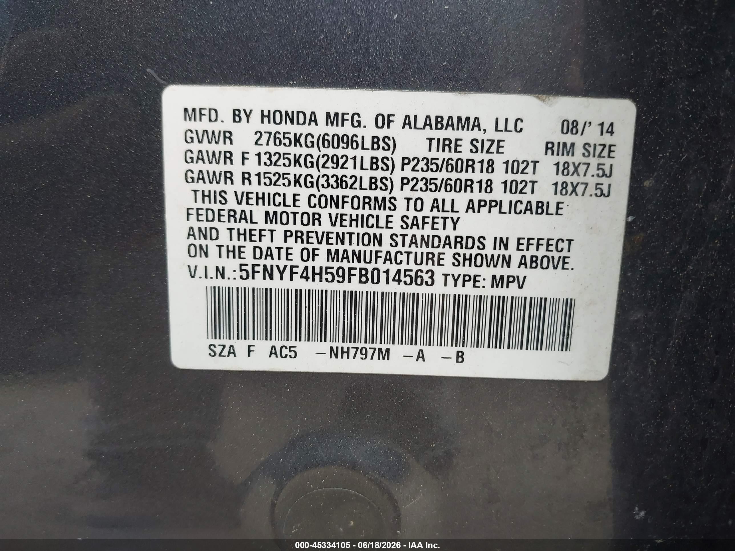 2015 Honda Pilot Ex-l Серый vin: 5FNYF4H59FB014563