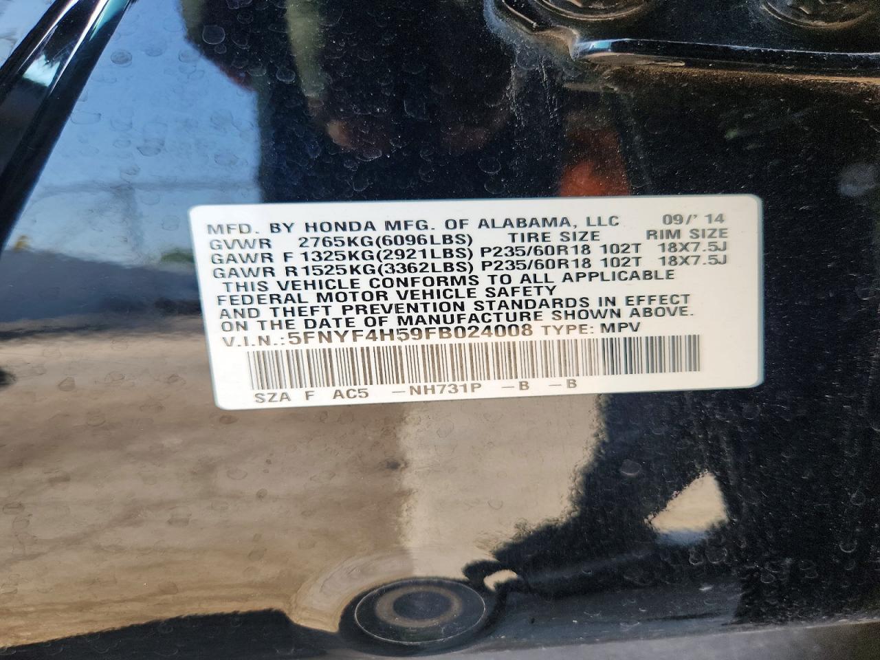 2015 Honda Pilot Exl Black vin: 5FNYF4H59FB024008