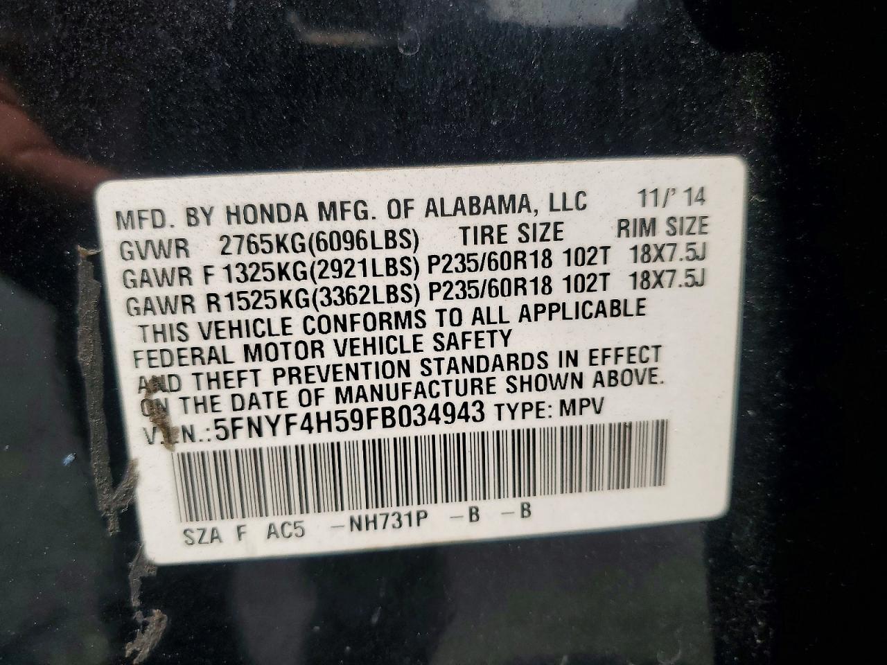 2015 Honda Pilot Exl Black vin: 5FNYF4H59FB034943