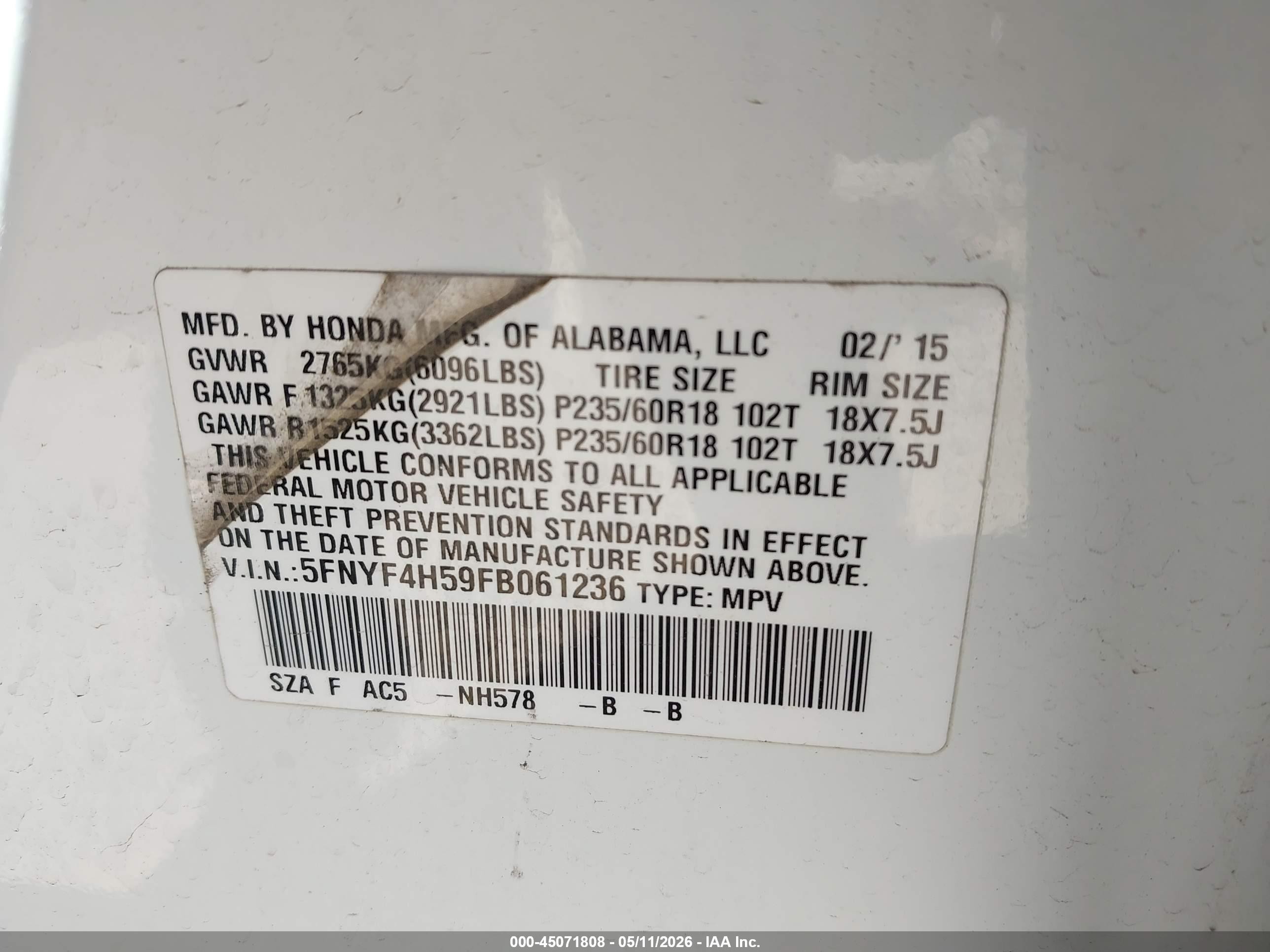 2015 Honda Pilot Ex-l White vin: 5FNYF4H59FB061236
