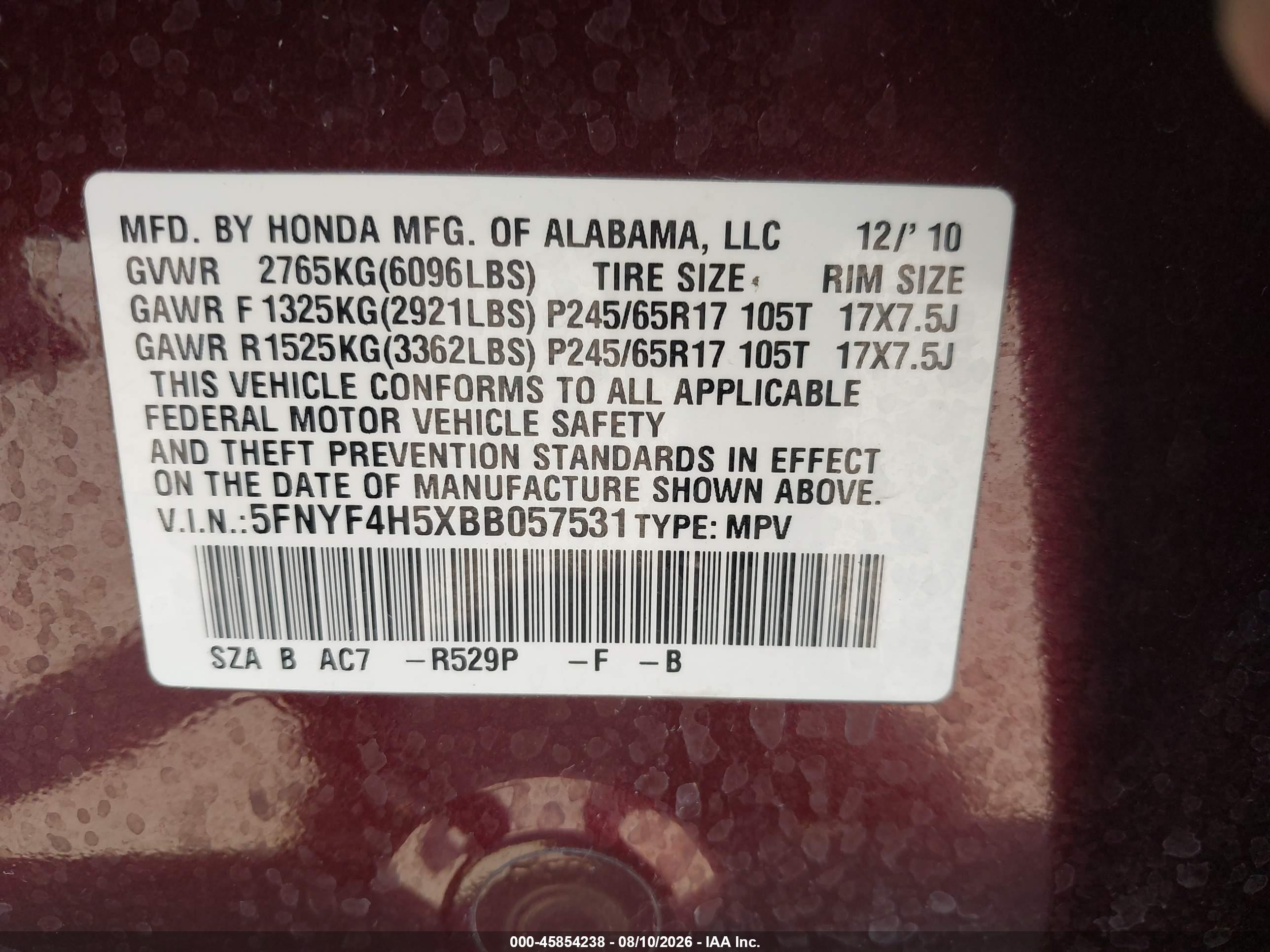 2011 Honda Pilot Ex-l Maroon vin: 5FNYF4H5XBB057531