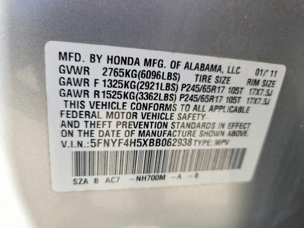 2011 Honda Pilot Exl Silver vin: 5FNYF4H5XBB062938