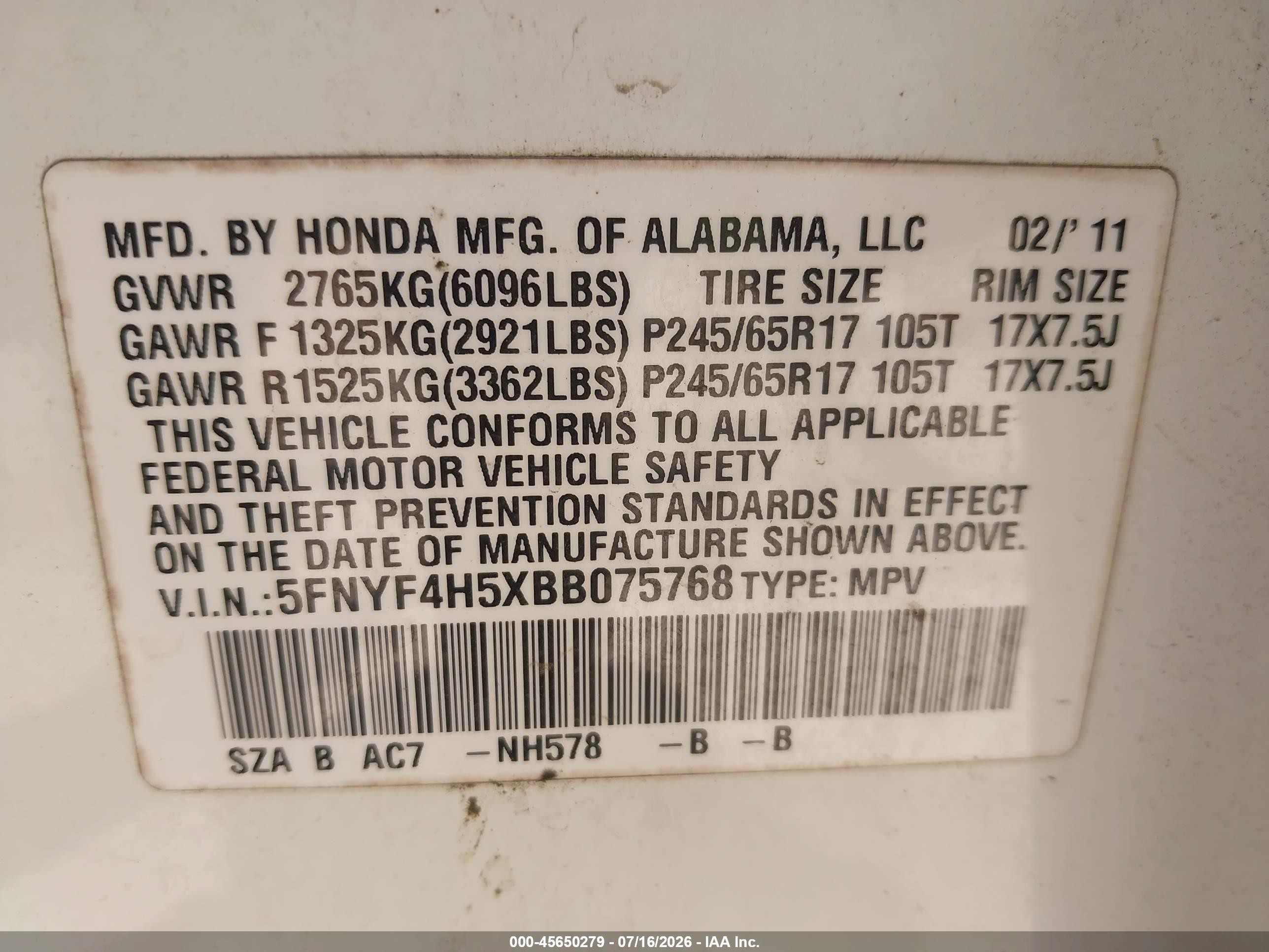 2011 Honda Pilot Ex-l White vin: 5FNYF4H5XBB075768