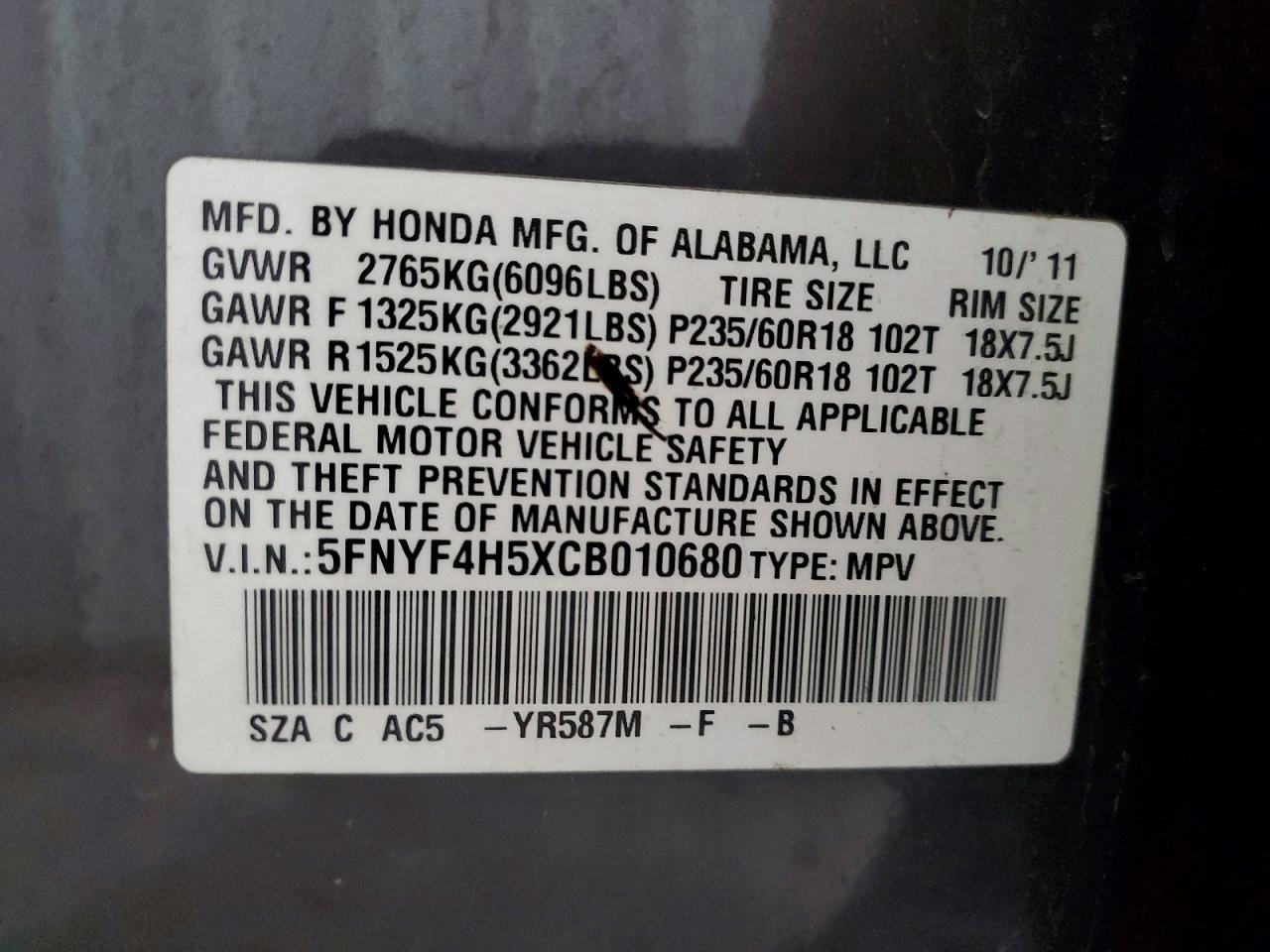 2012 Honda Pilot Exl Gray vin: 5FNYF4H5XCB010680