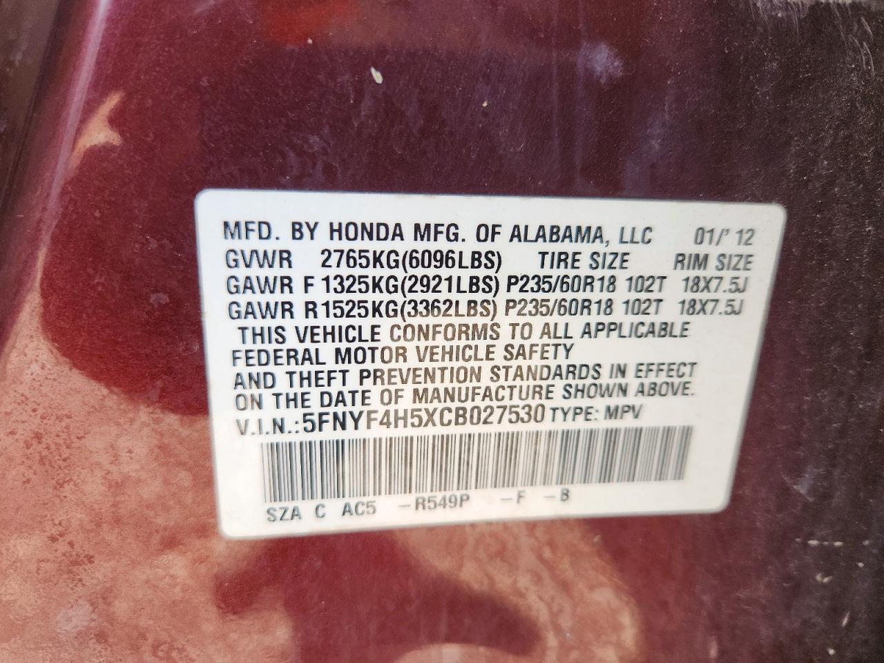 2012 Honda Pilot Exl Burgundy vin: 5FNYF4H5XCB027530