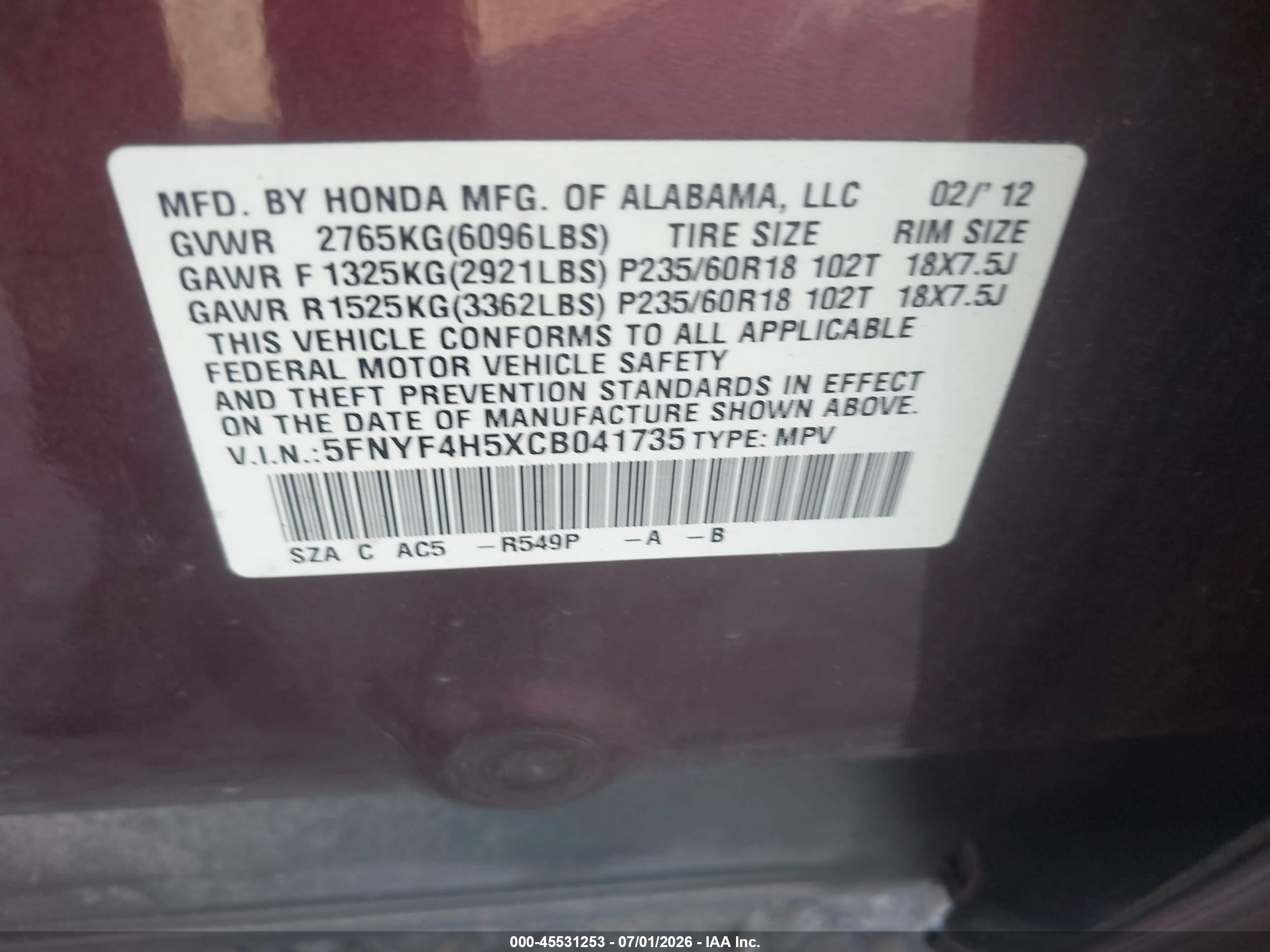 2012 Honda Pilot Ex-l Burgundy vin: 5FNYF4H5XCB041735