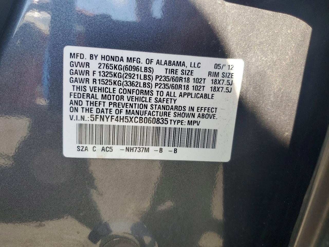 2012 Honda Pilot Exl Gray vin: 5FNYF4H5XCB060835