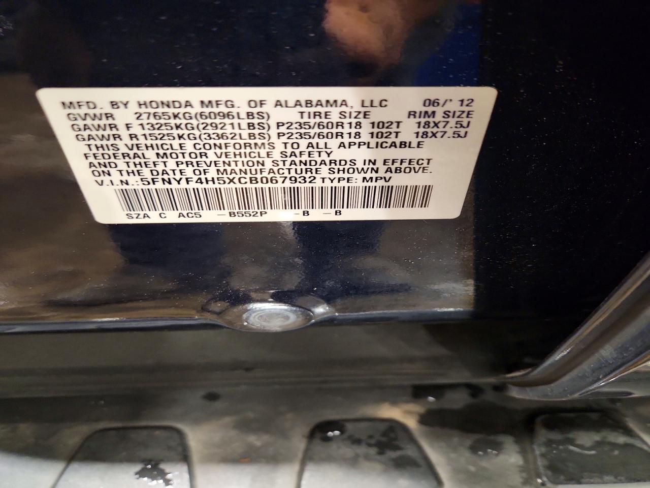 2012 Honda Pilot Exl Blue vin: 5FNYF4H5XCB067932