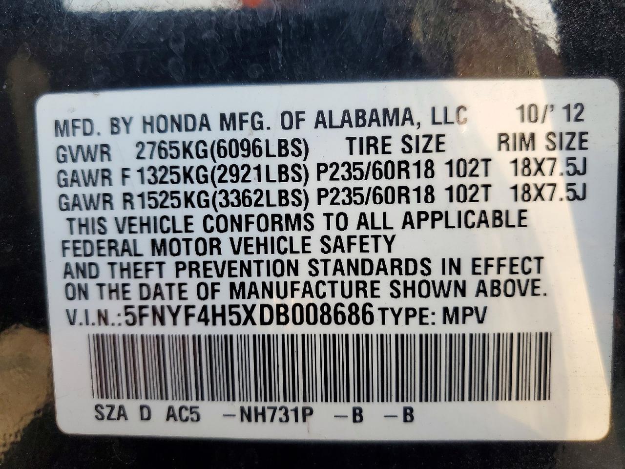 2013 Honda Pilot Exl Black vin: 5FNYF4H5XDB008686