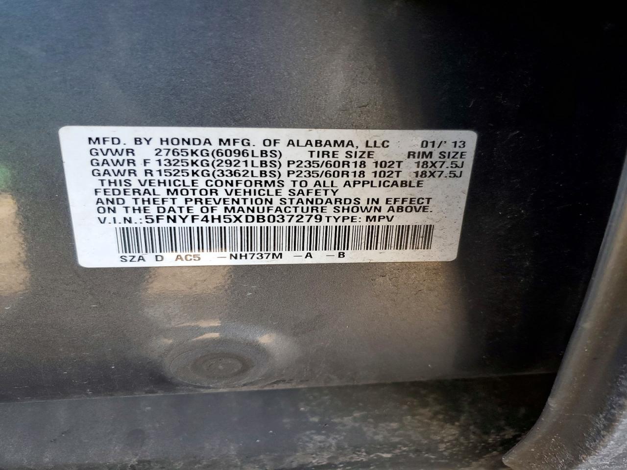 2013 Honda Pilot Exl Gray vin: 5FNYF4H5XDB037279