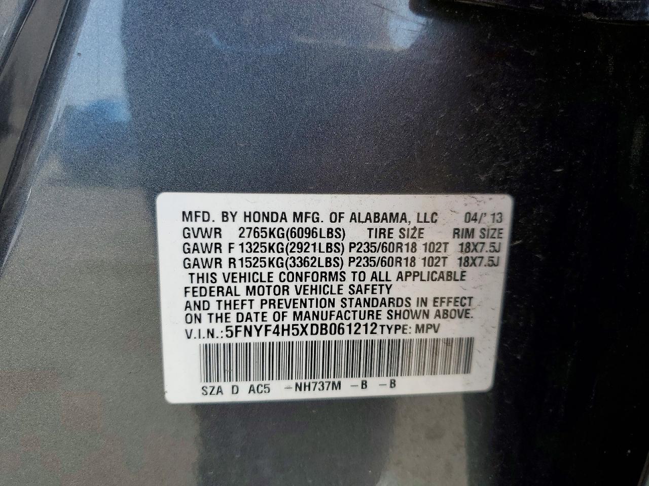 2013 Honda Pilot Exl Gray vin: 5FNYF4H5XDB061212