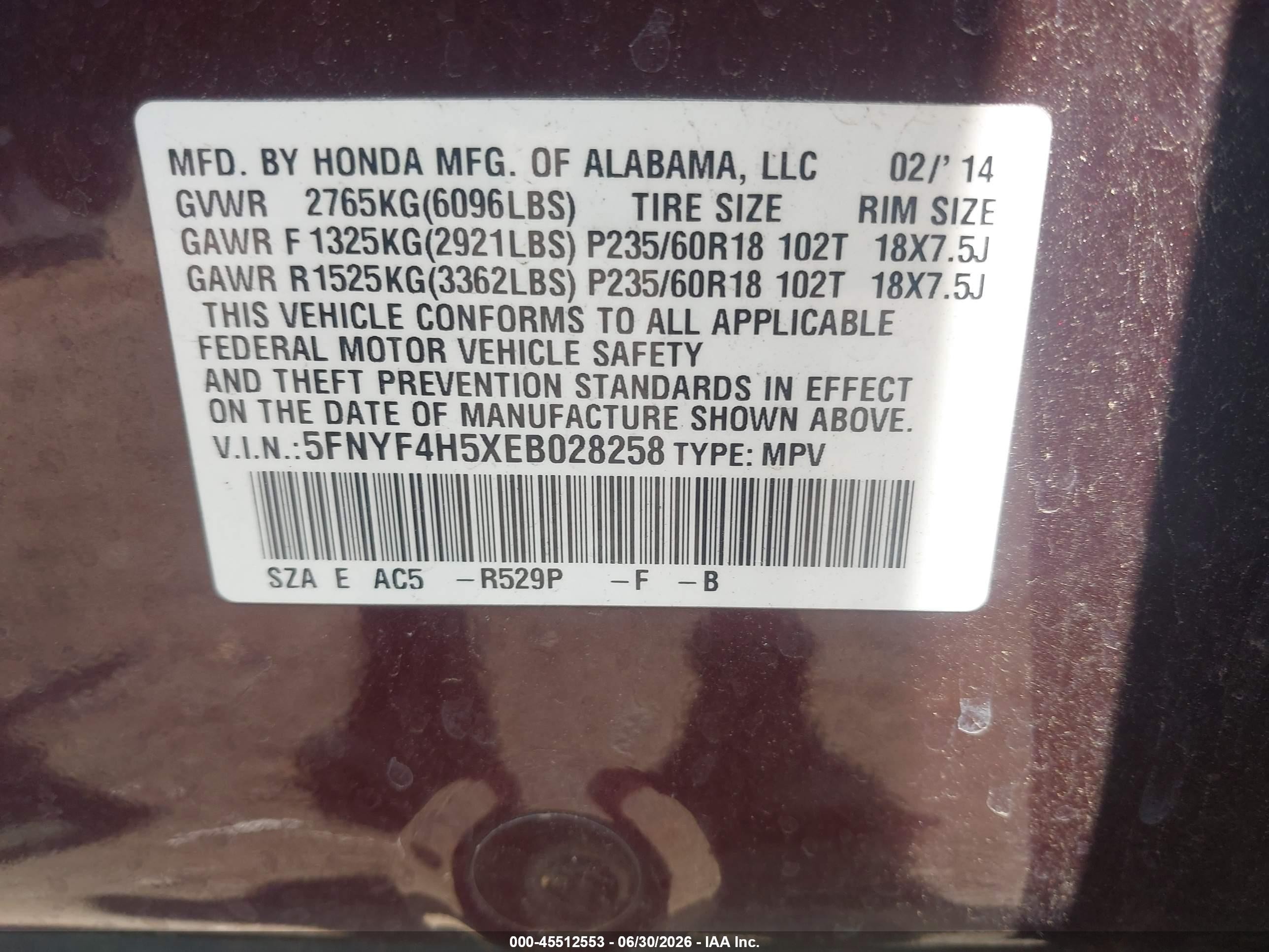 2014 Honda Pilot Ex-l Maroon vin: 5FNYF4H5XEB028258