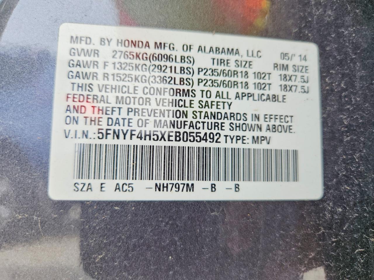 2014 Honda Pilot Exl Gray vin: 5FNYF4H5XEB055492