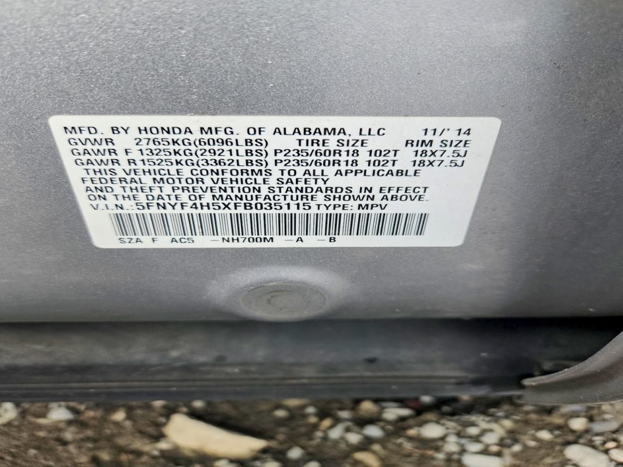 2015 Honda Pilot Exl Silver vin: 5FNYF4H5XFB035115