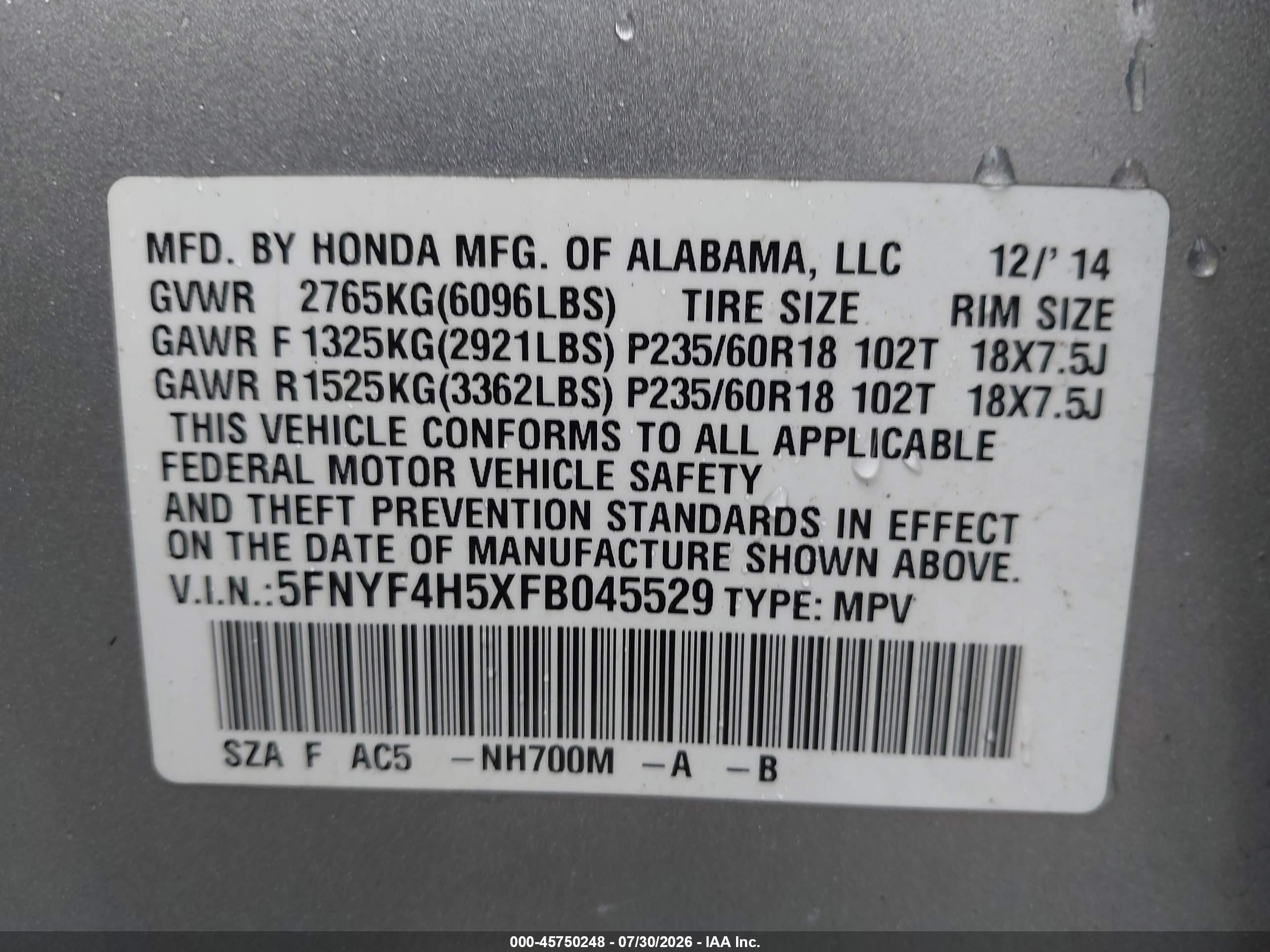2015 Honda Pilot Ex-l Серебряный vin: 5FNYF4H5XFB045529
