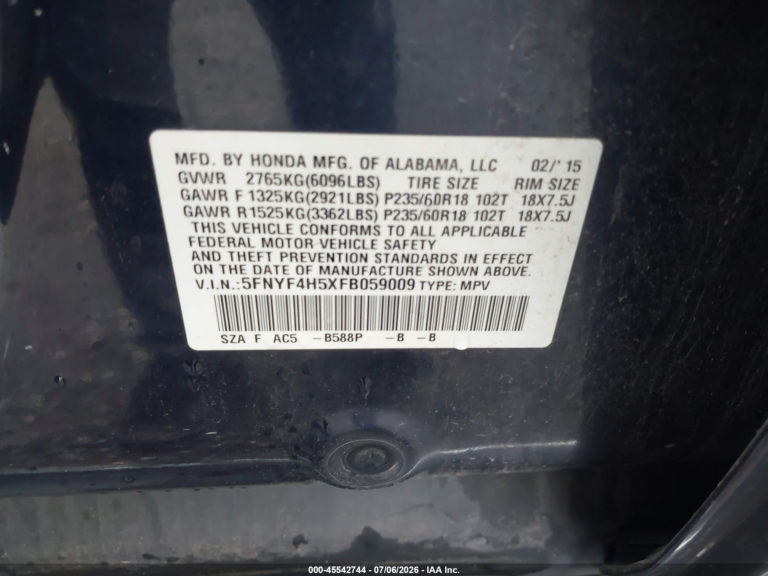 2015 Honda Pilot Ex-l Blue vin: 5FNYF4H5XFB059009
