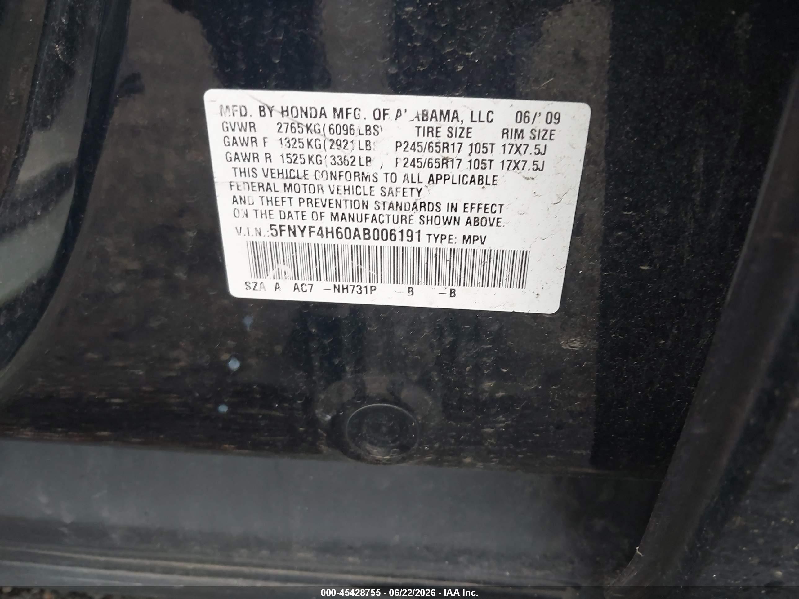 2010 Honda Pilot Ex-l Black vin: 5FNYF4H60AB006191