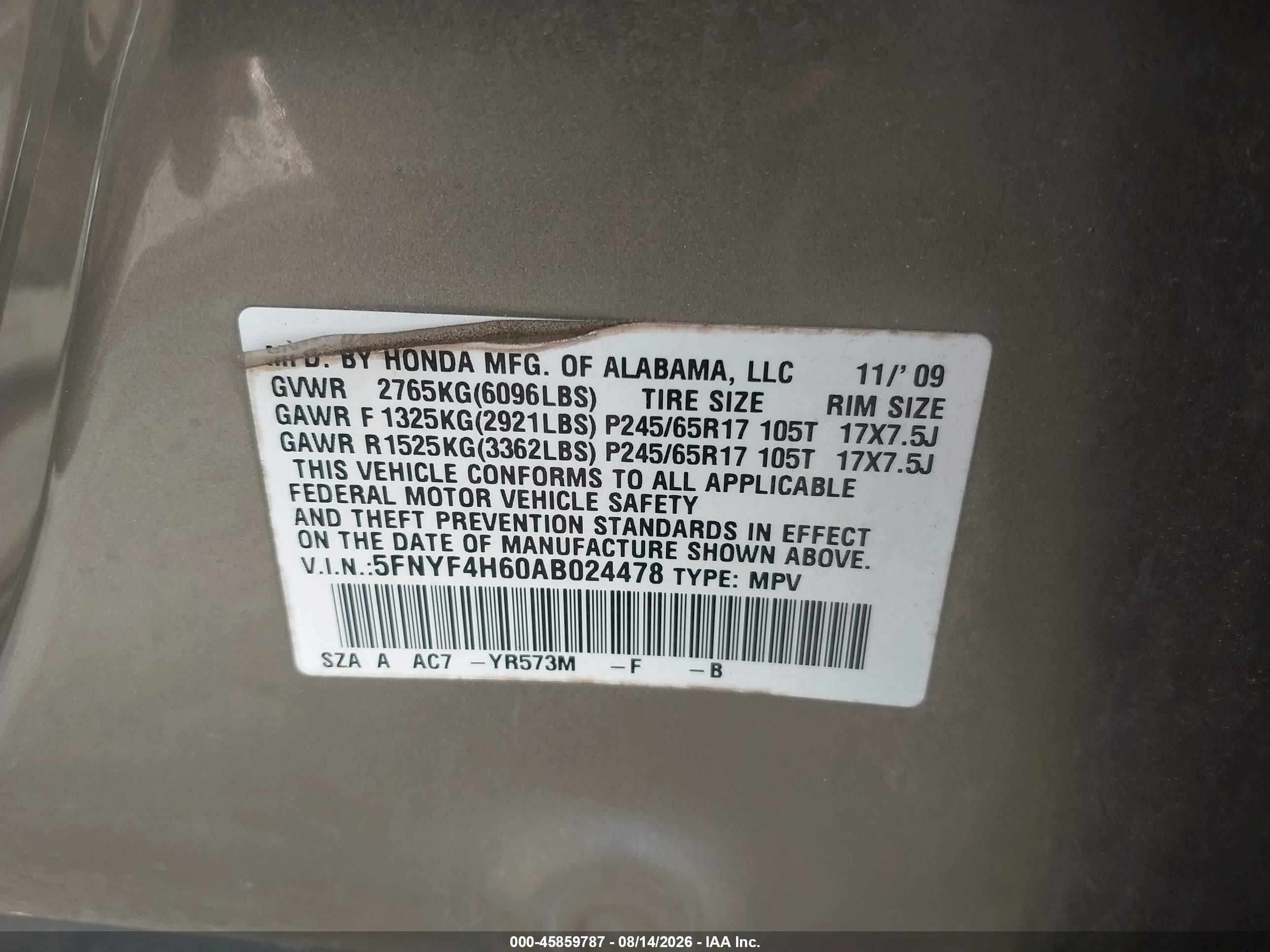 2010 Honda Pilot Ex-l Champagne vin: 5FNYF4H60AB024478