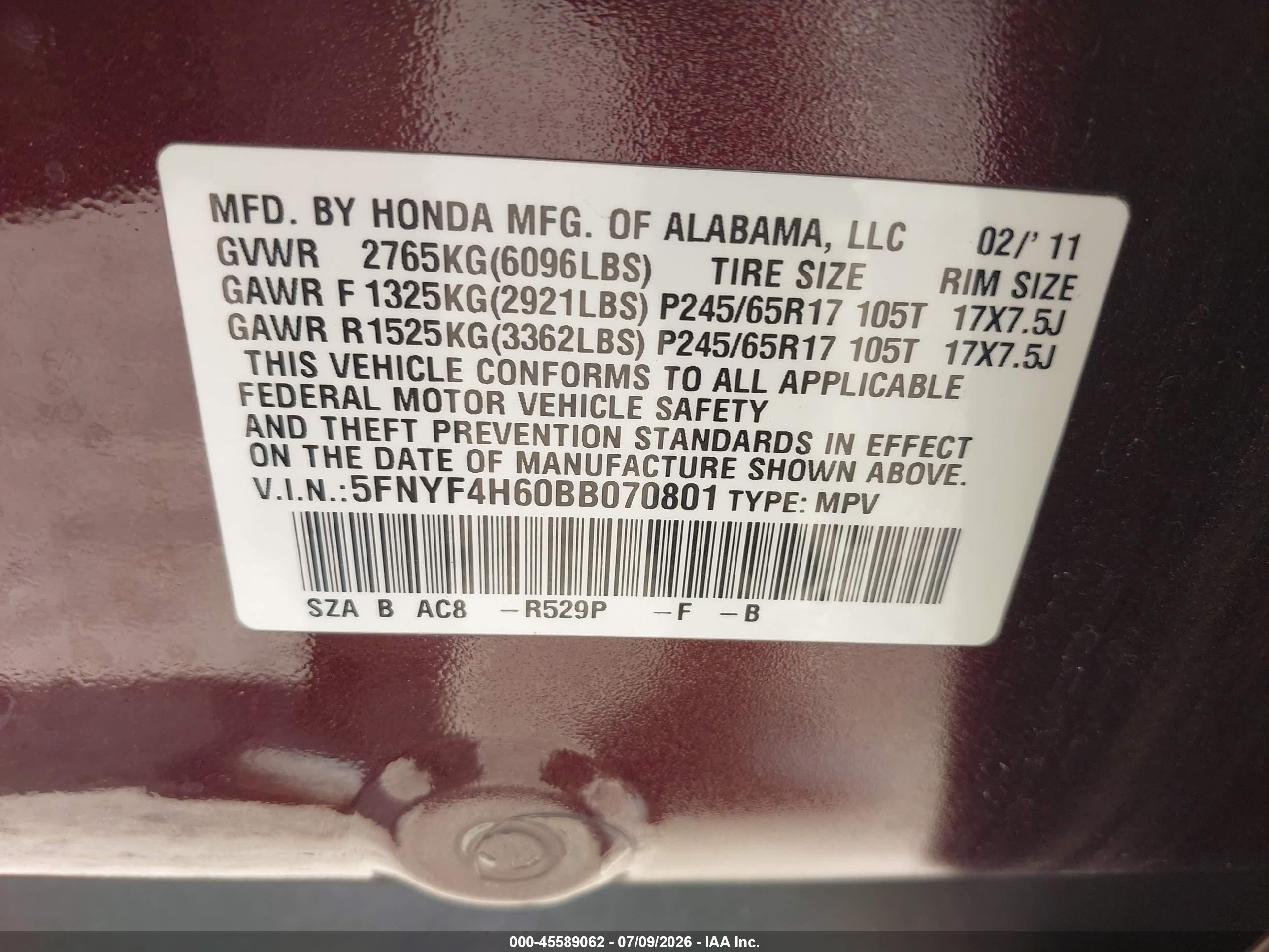 2011 Honda Pilot Ex-l Purple vin: 5FNYF4H60BB070801
