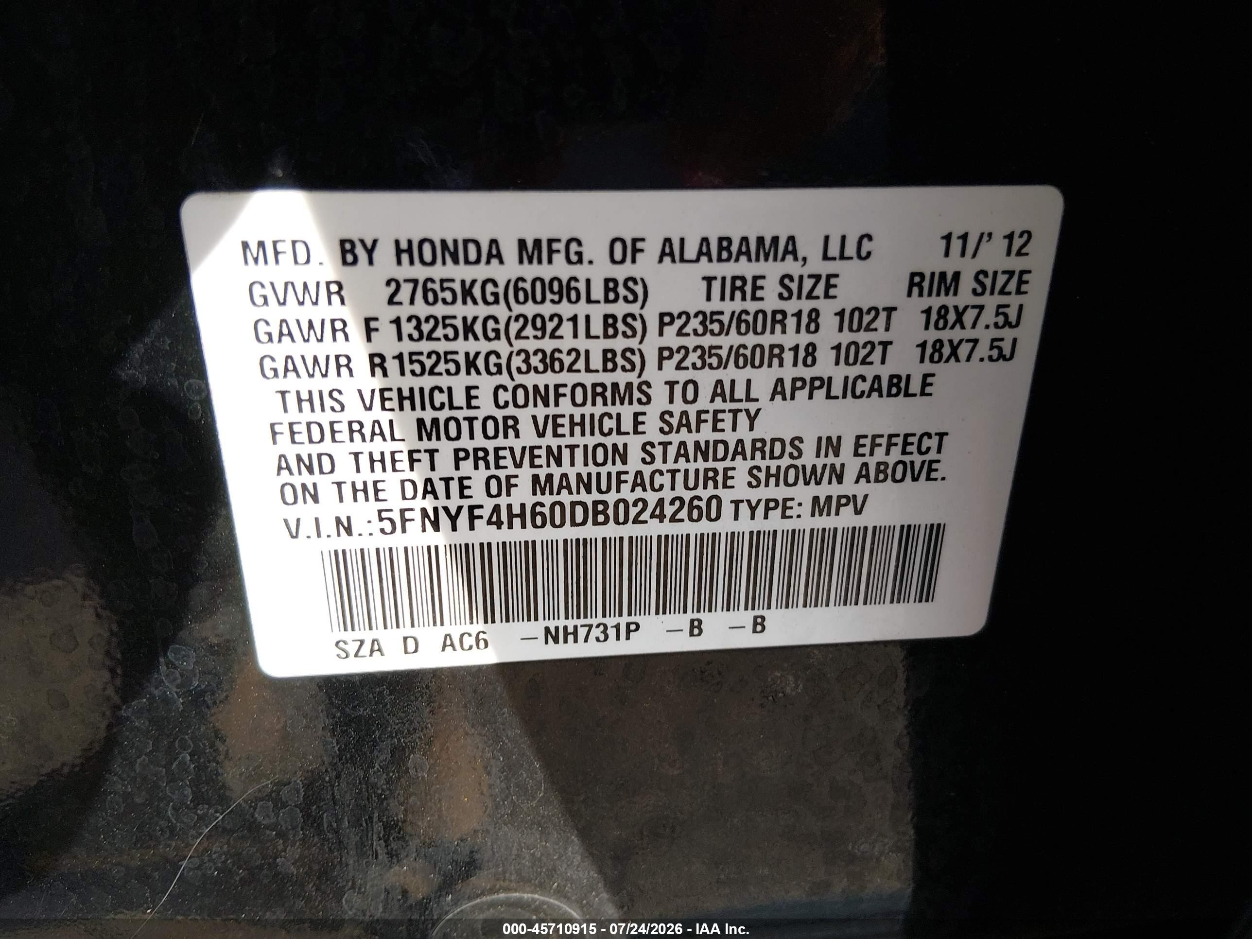 2013 Honda Pilot Ex-l Blue vin: 5FNYF4H60DB024260
