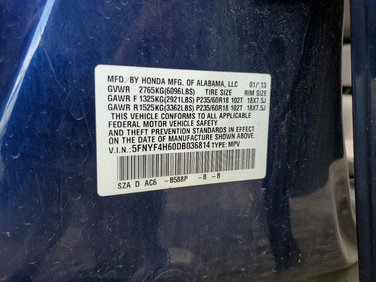2013 Honda Pilot Exl Blue vin: 5FNYF4H60DB036814