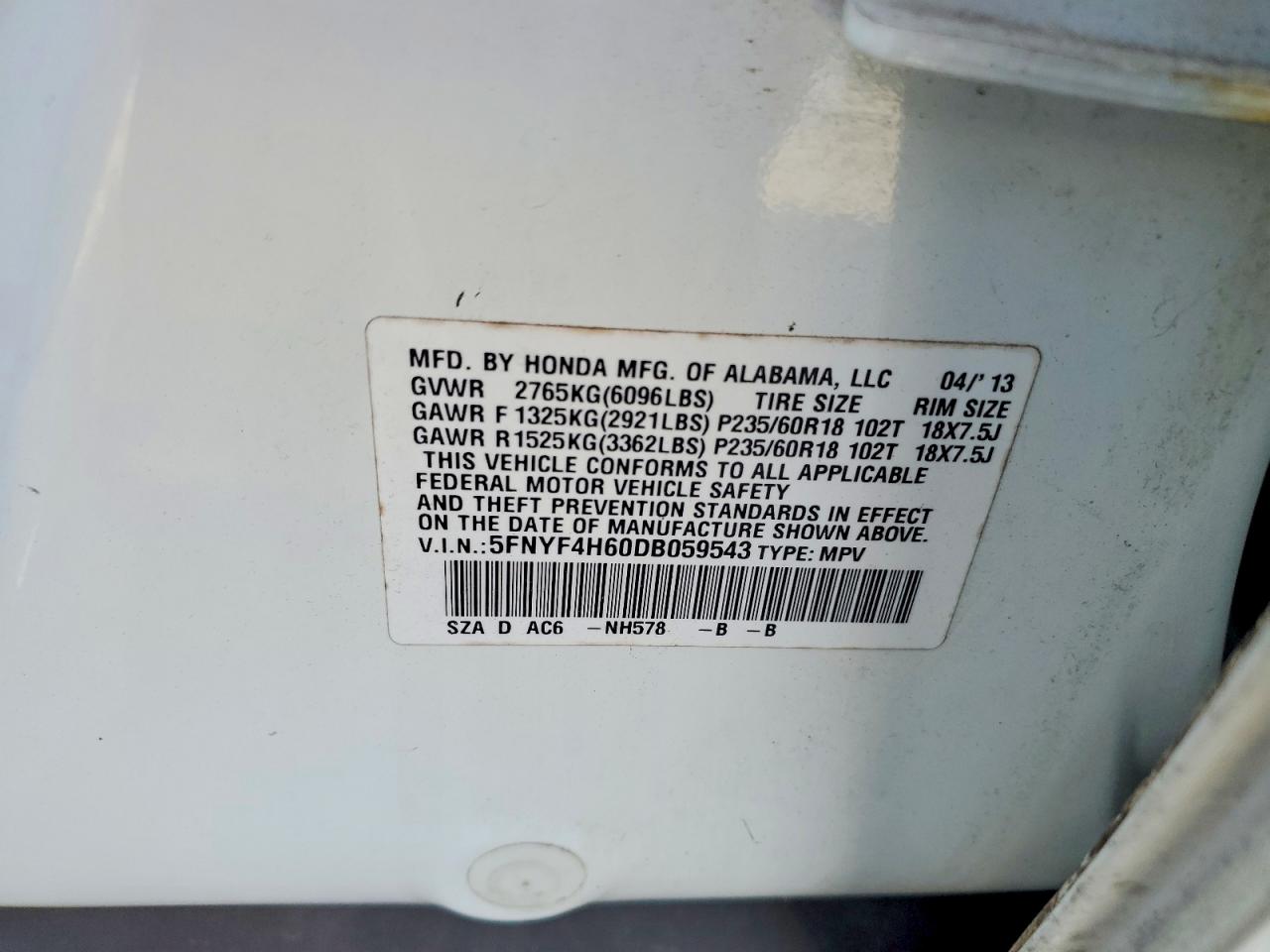 2013 Honda Pilot Exl White vin: 5FNYF4H60DB059543