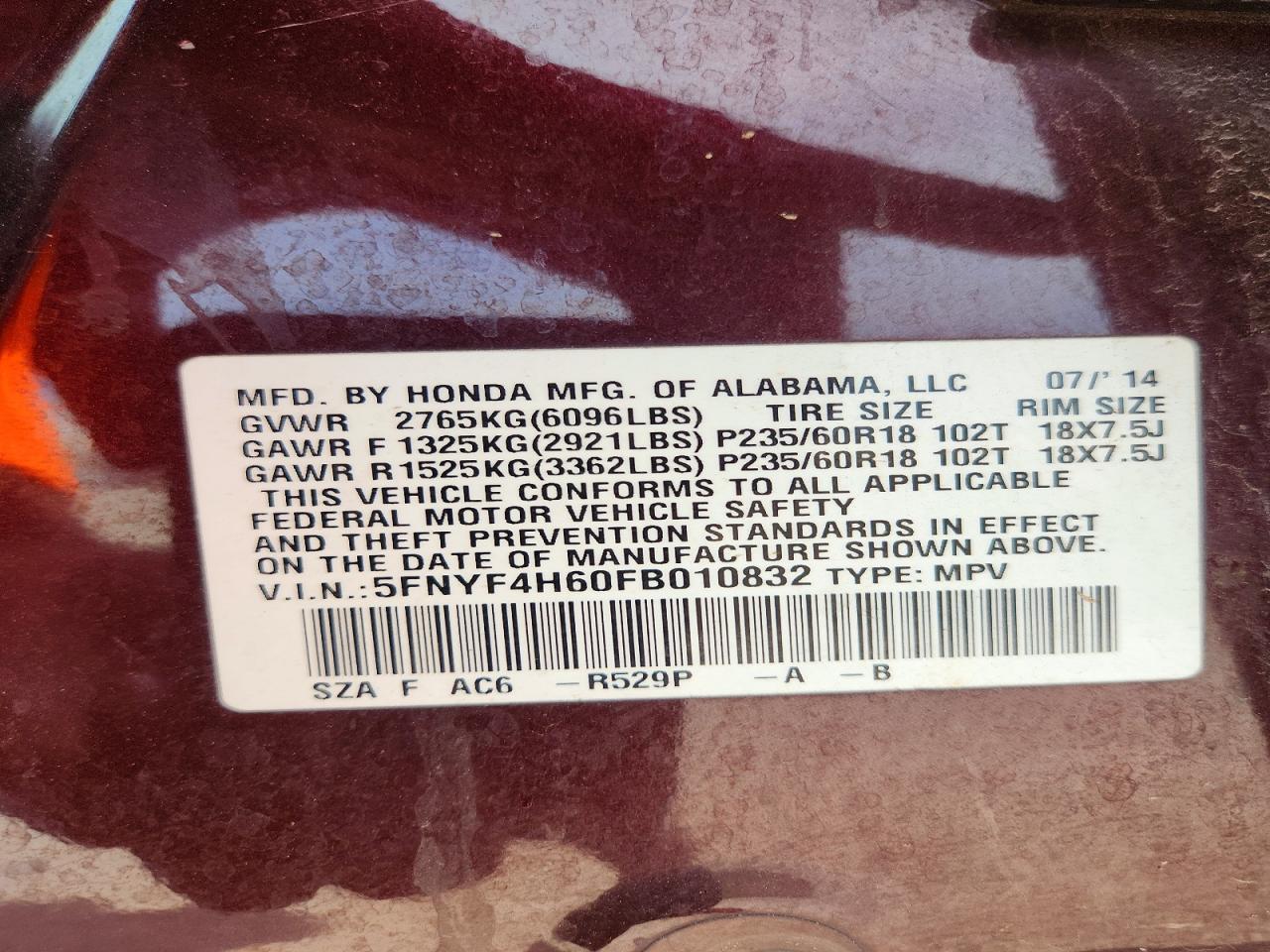 2015 Honda Pilot Exl Burgundy vin: 5FNYF4H60FB010832