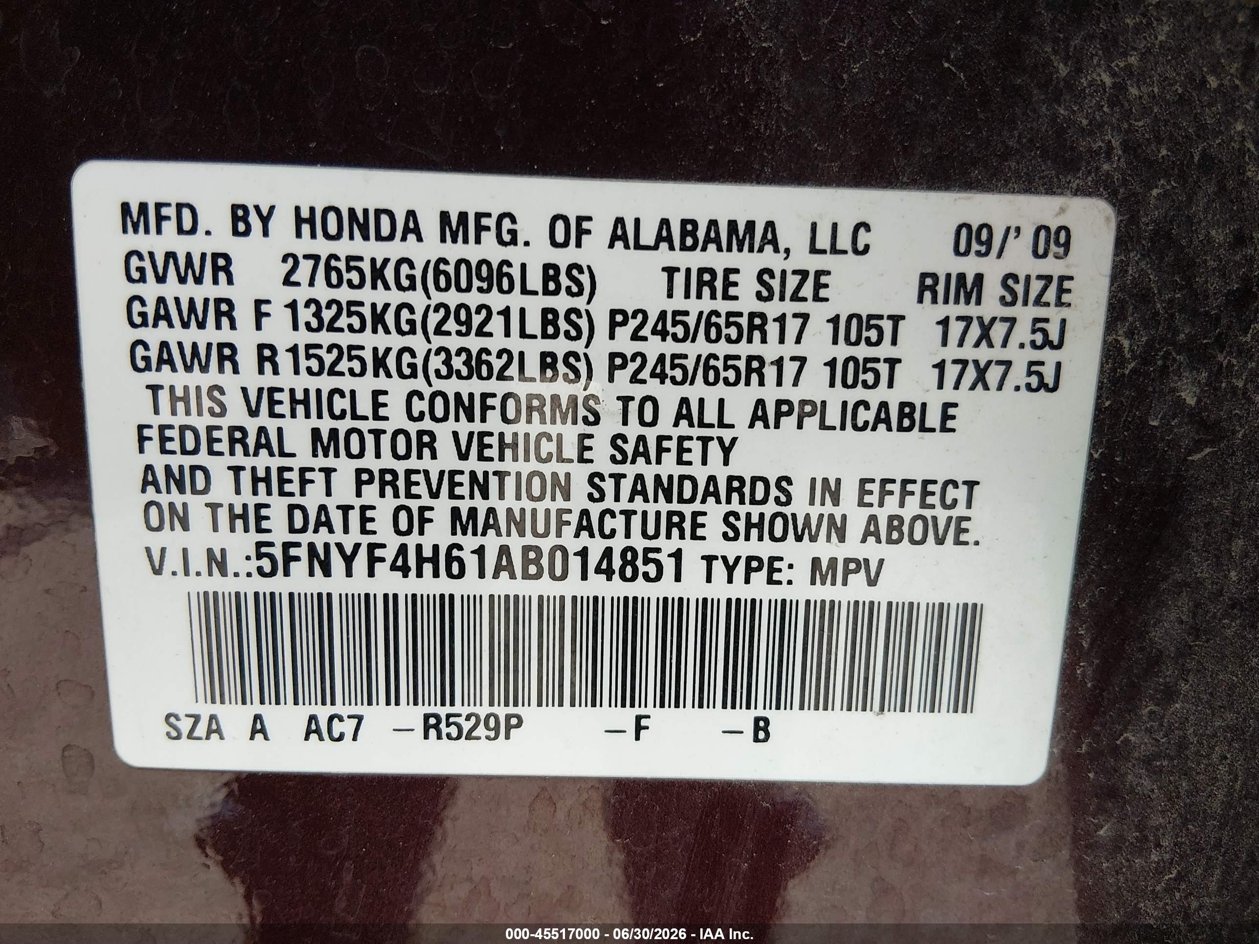 2010 Honda Pilot Ex-l Burgundy vin: 5FNYF4H61AB014851
