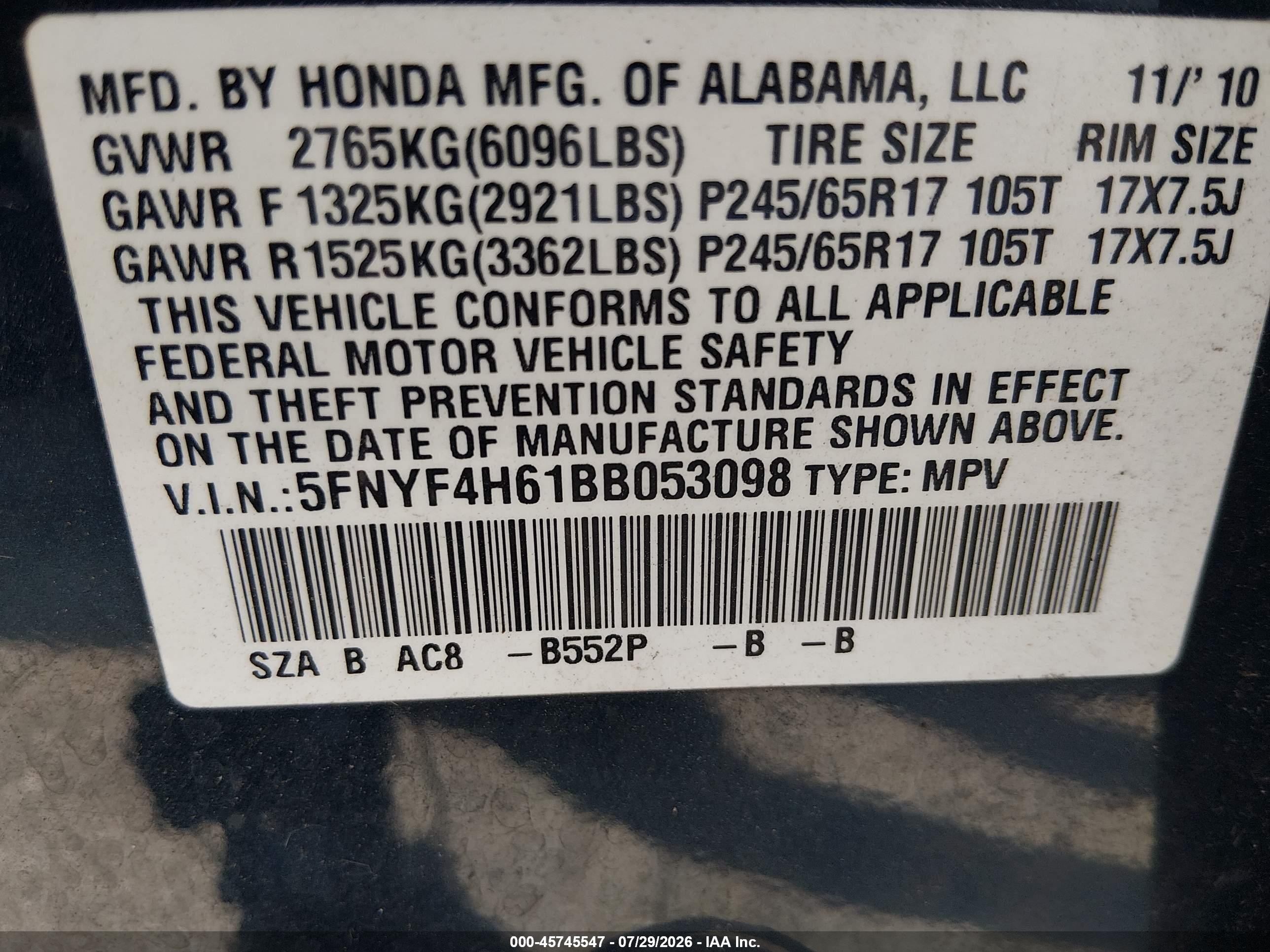 2011 Honda Pilot Ex-l Black vin: 5FNYF4H61BB053098