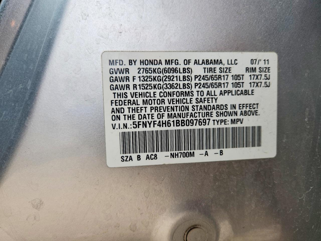 2011 Honda Pilot Exl Silver vin: 5FNYF4H61BB097697