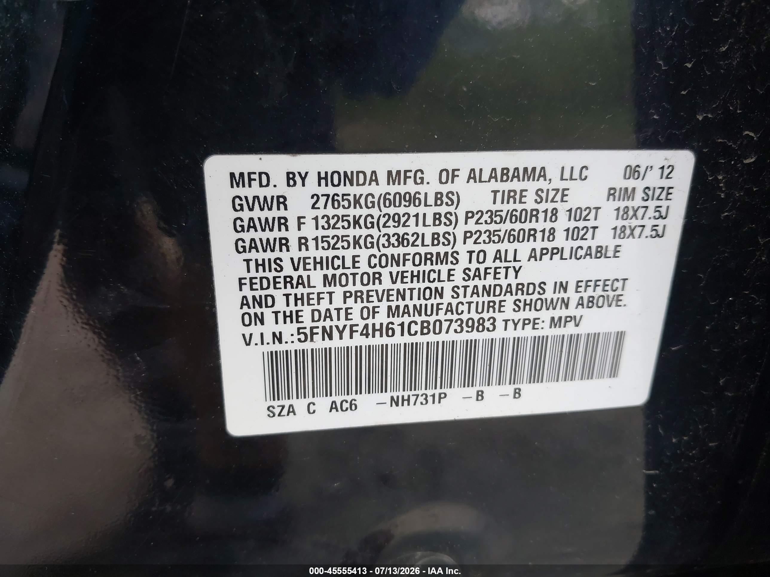 2012 Honda Pilot Ex-l Black vin: 5FNYF4H61CB073983