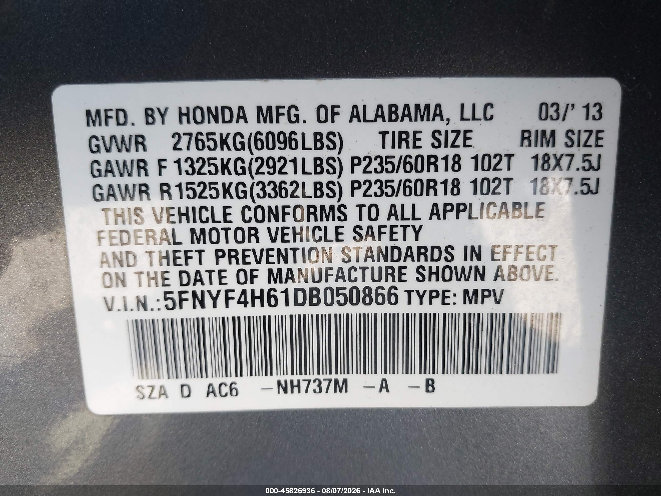 2013 Honda Pilot Ex-l Серый vin: 5FNYF4H61DB050866