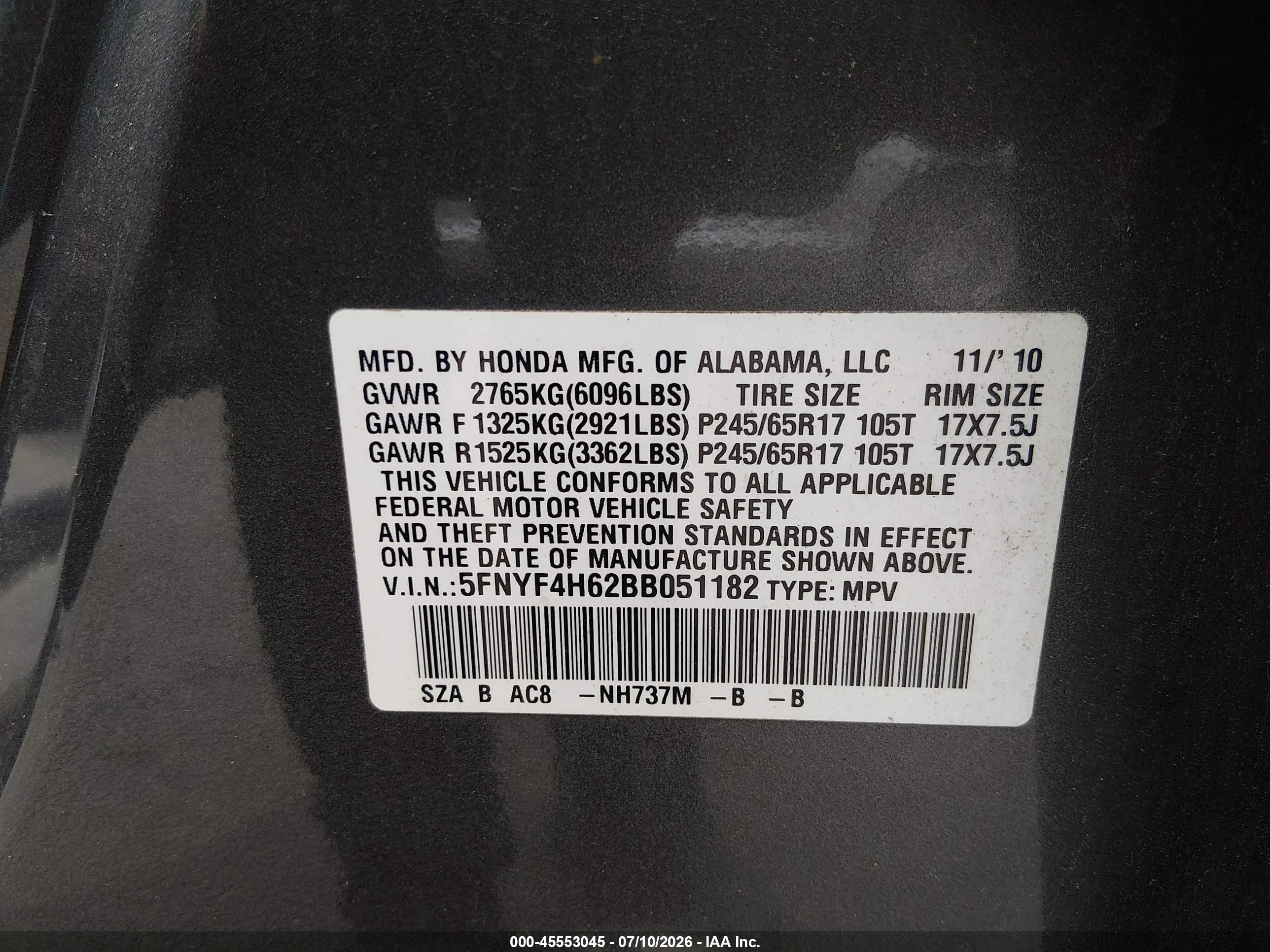 2011 Honda Pilot Ex-l Gray vin: 5FNYF4H62BB051182